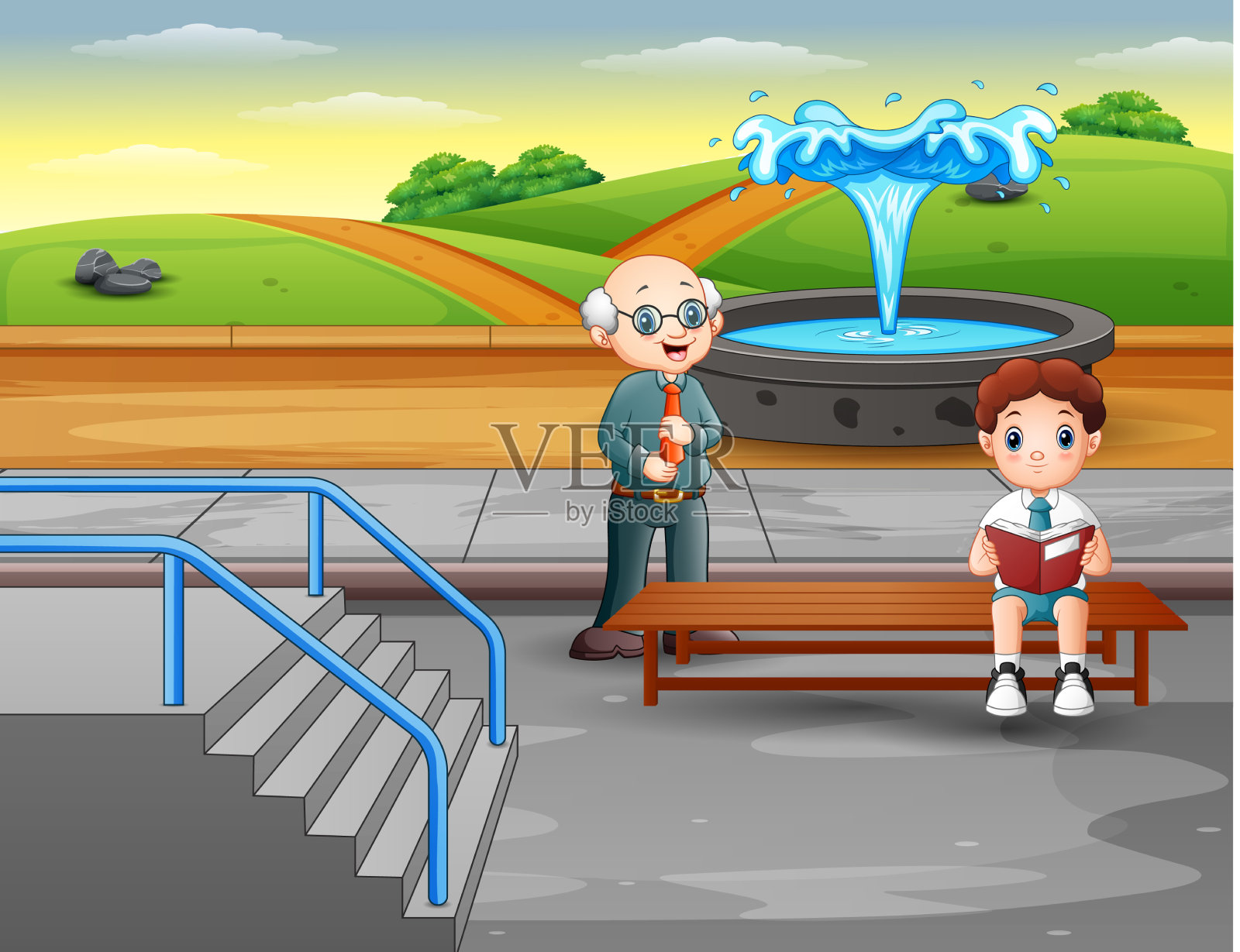 公园里的一个小男孩在看书插画图片素材