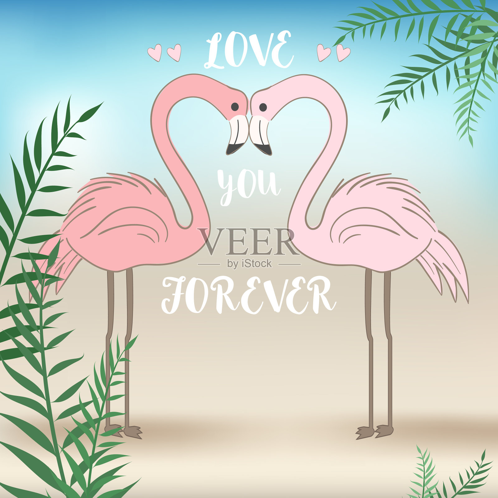 可爱的火烈鸟在大自然的动物卡通鸟插画图片素材