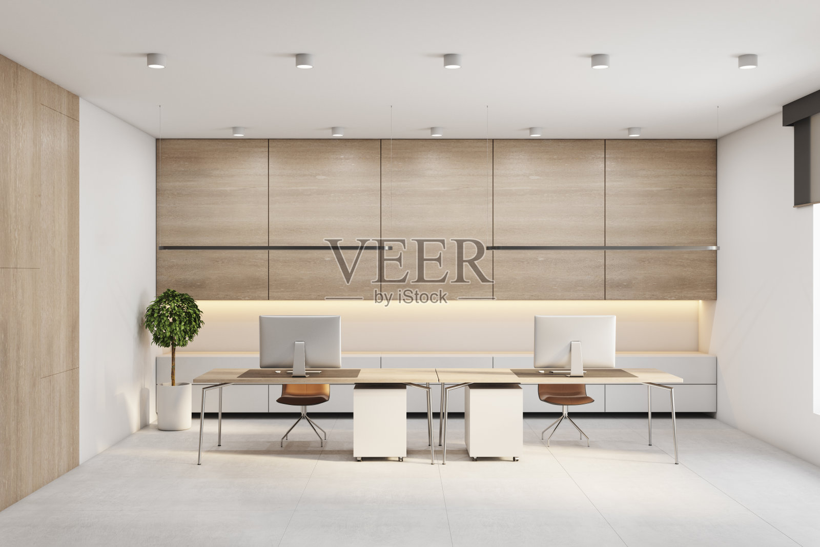 现代混凝土和木制的办公室内部配备日光和家具。3 d渲染。照片摄影图片