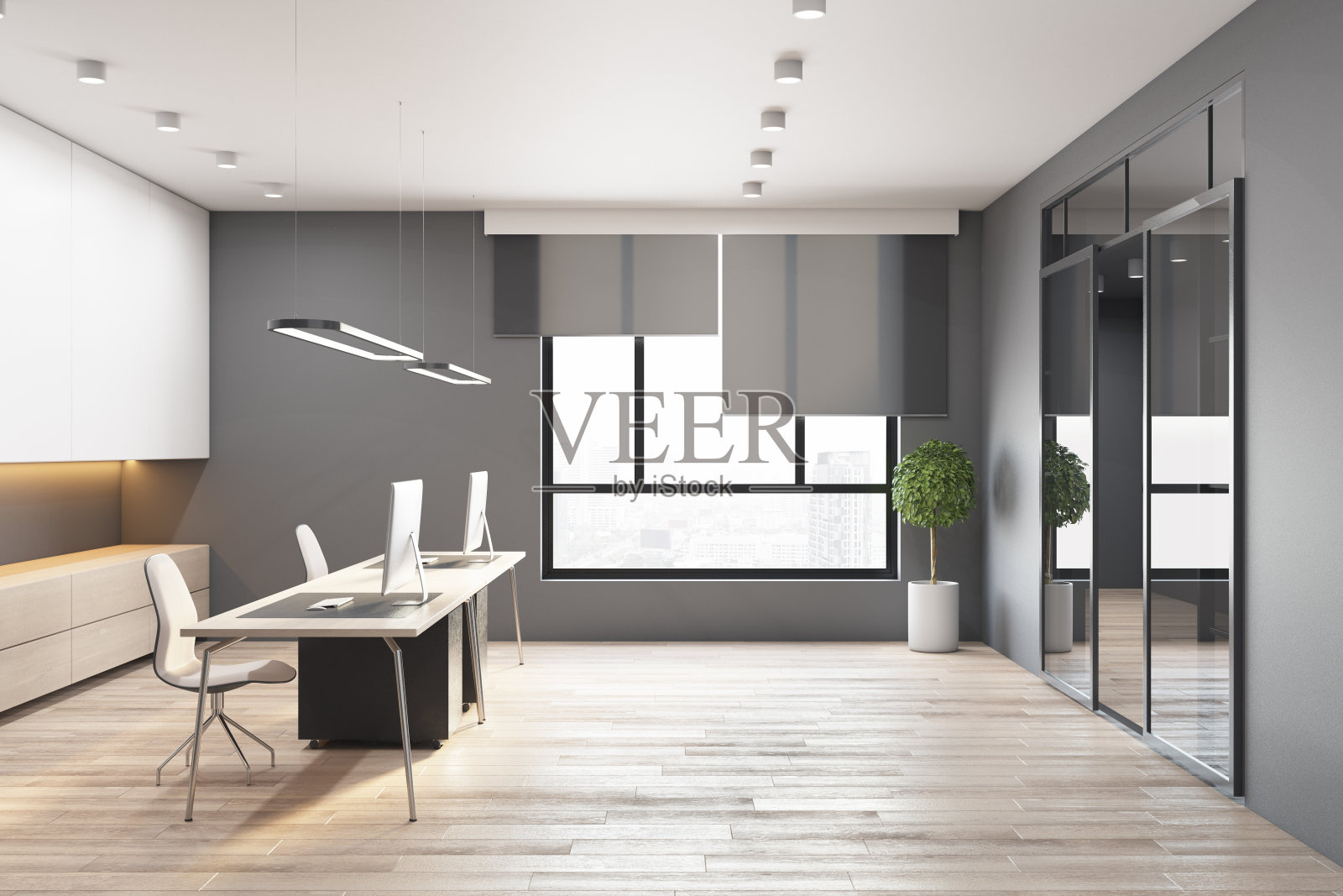 现代混凝土和木制的办公室内部，窗户城市景观，日光和家具。3 d渲染。照片摄影图片