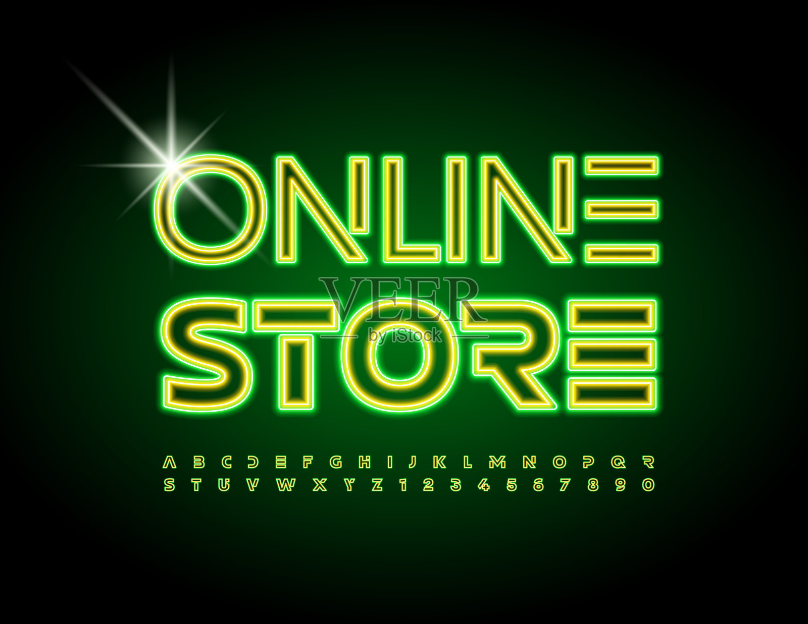 矢量亮霓虹标识网上商店。发光字母和数字集插画图片素材