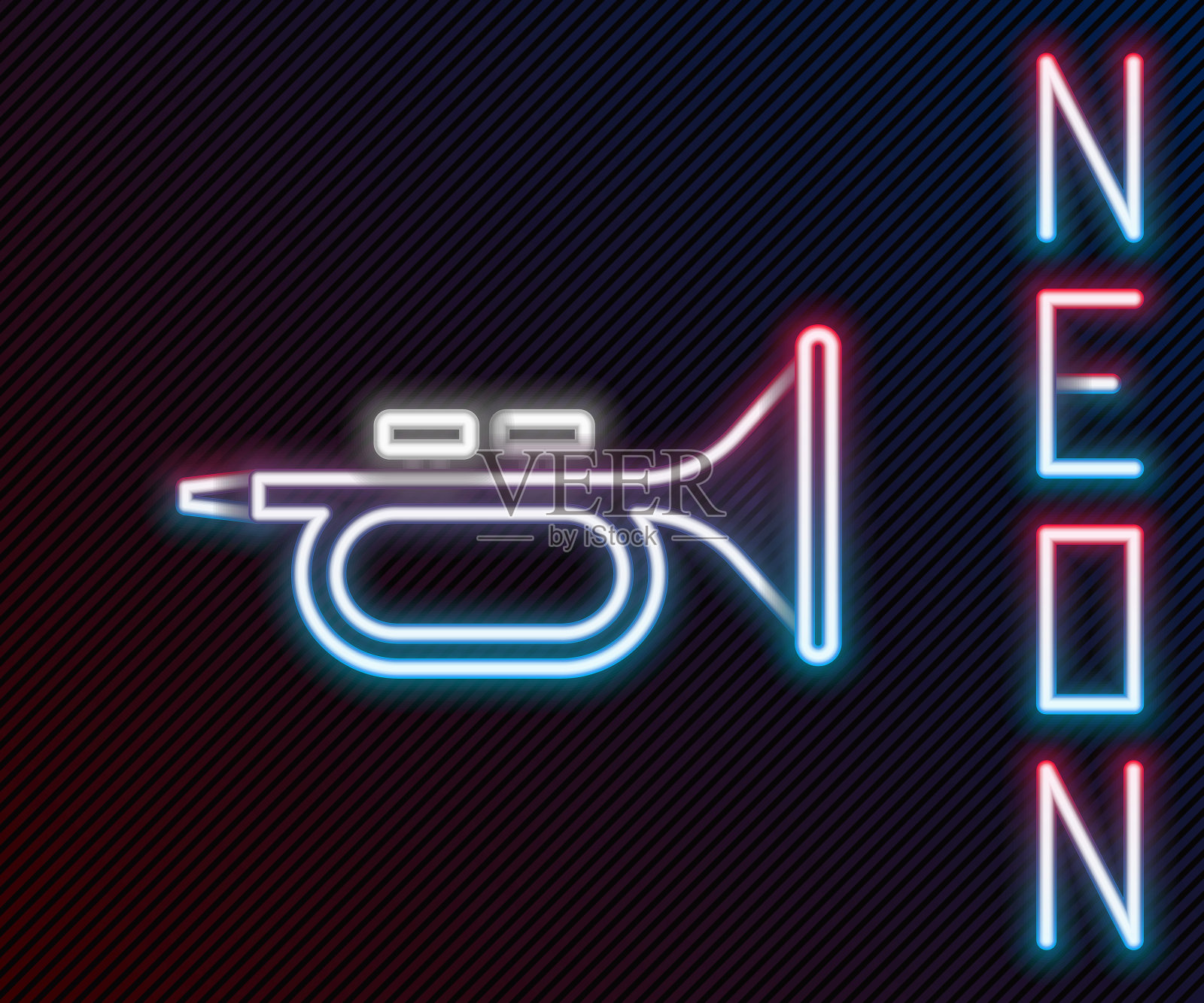 发光的霓虹灯线乐器喇叭图标孤立在黑色的背景。色彩斑斓的轮廓的概念。向量插画图片素材