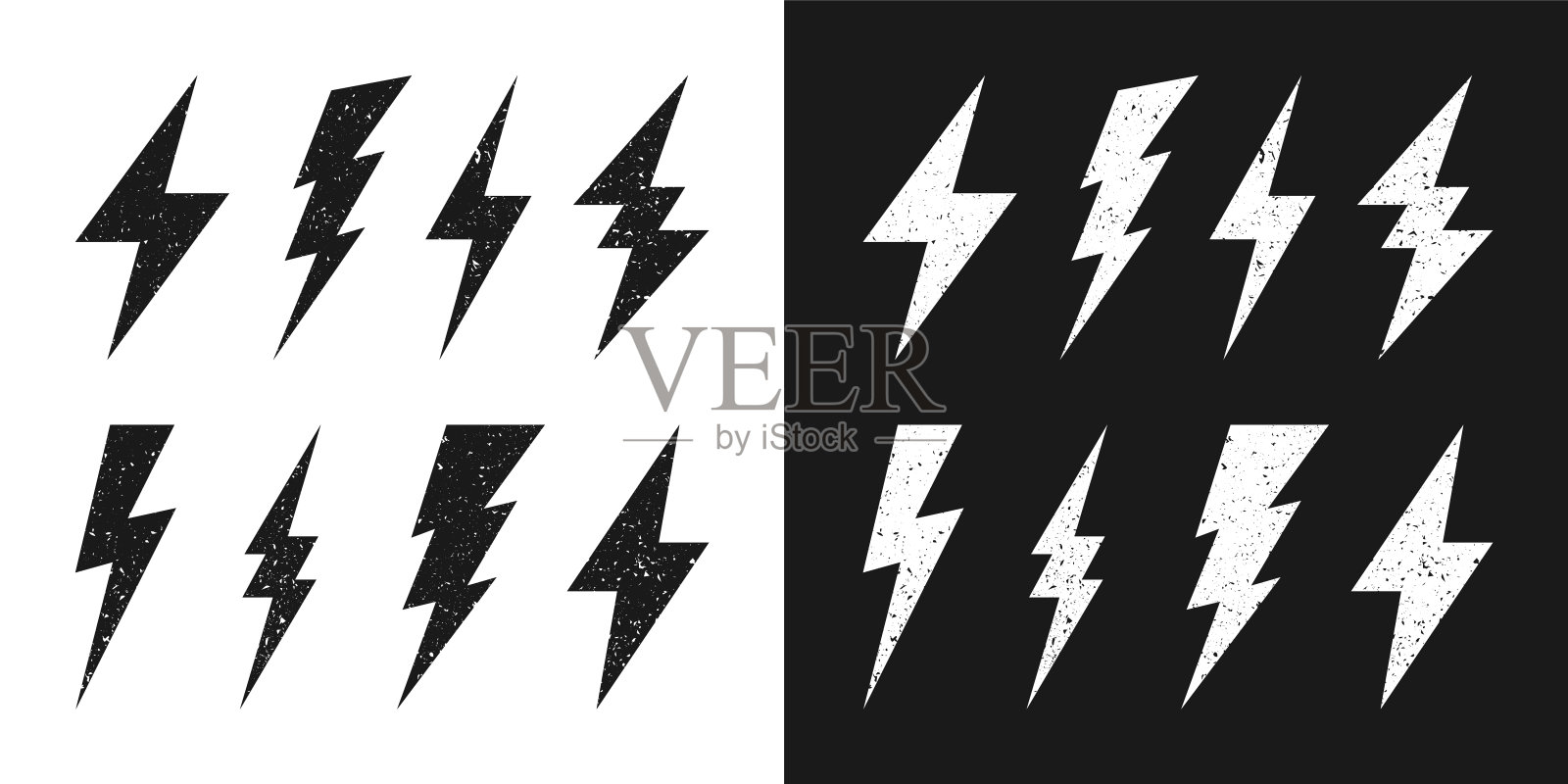 黑色和白色闪电螺栓图标与垃圾纹理。复古闪光符号，迅雷。简单的闪电标志。矢量图设计元素图片