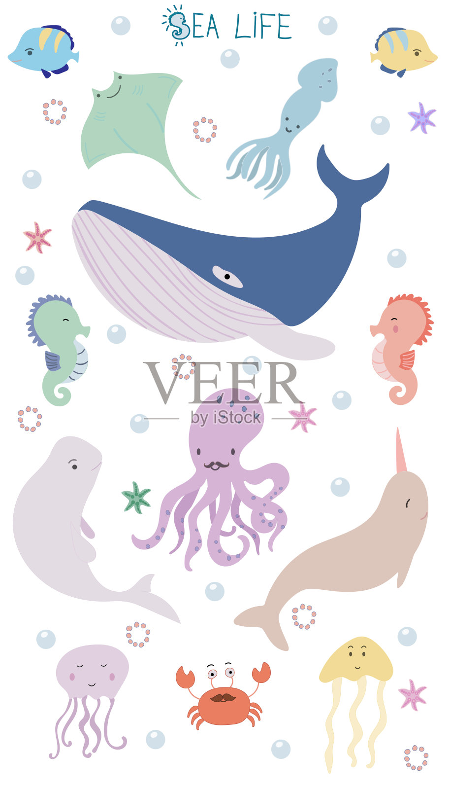 大集与sae动物。海底世界的元素。手绘涂鸦矢量插图设计元素图片