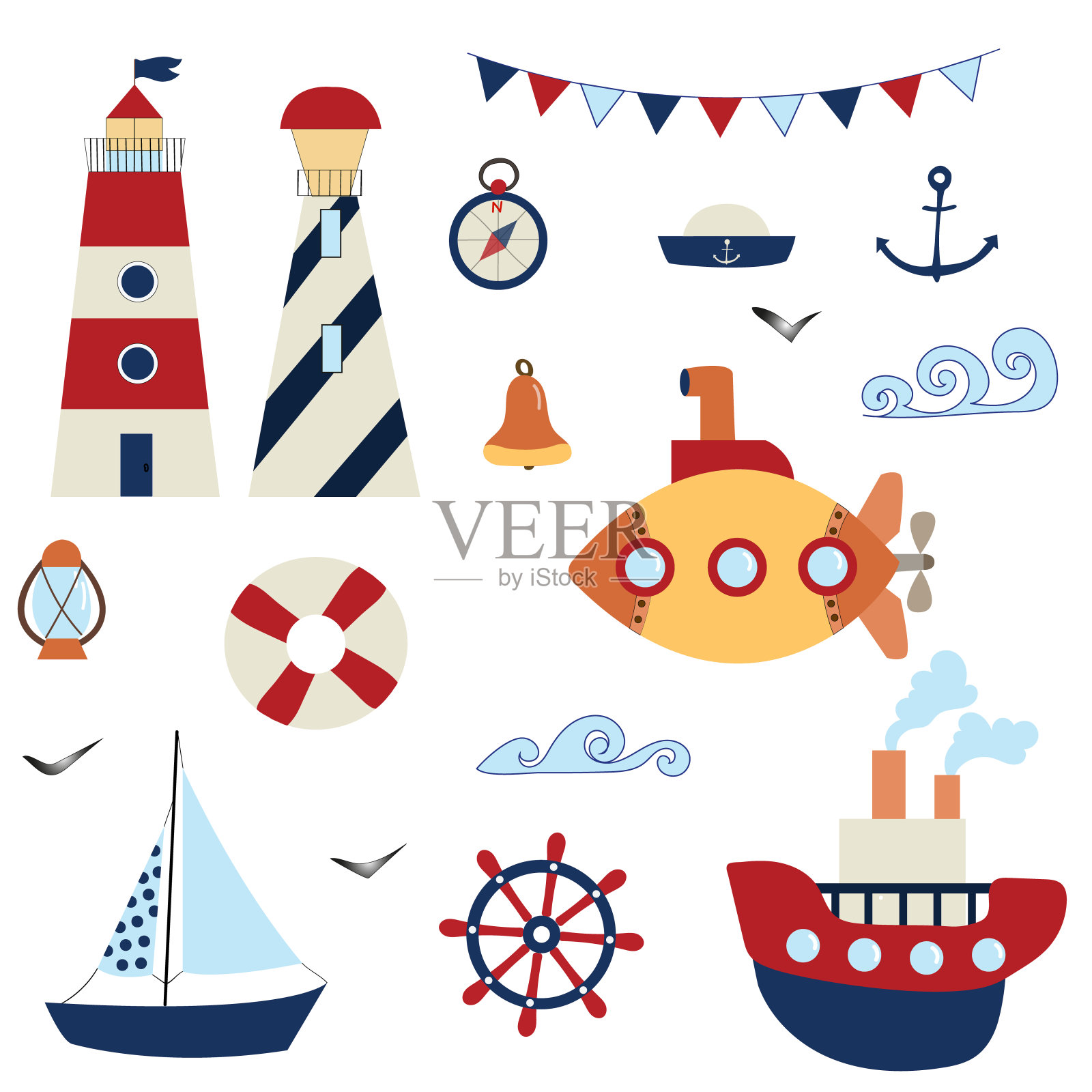航海。海洋主题。海上旅行。锚、方向盘、船舶、灯塔、海鸥、罗盘、钟、潜水艇、救生圈插画图片素材