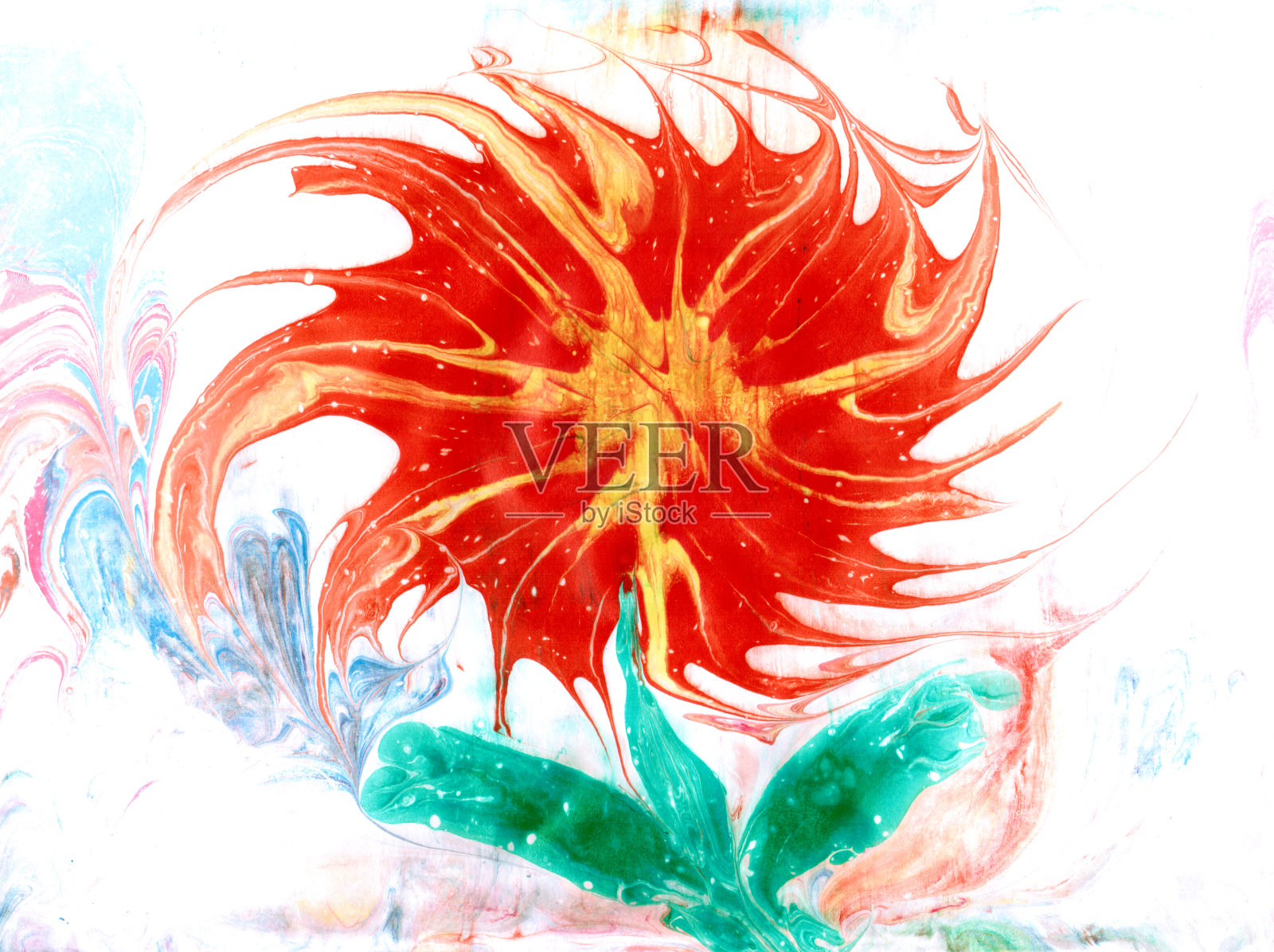 美丽的流体抽象绘画。用ebru艺术的幻想宇宙花卉绘画。室内墙纸。大理石纹理。液体丙烯画与艺术混合颜料。流体艺术背景插画图片素材