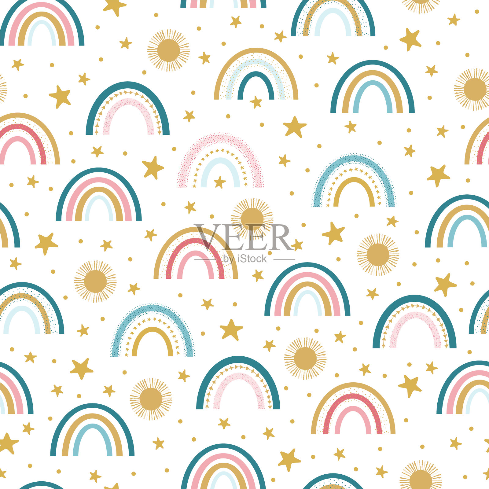 五颜六色的彩虹，星星和太阳插画图片素材