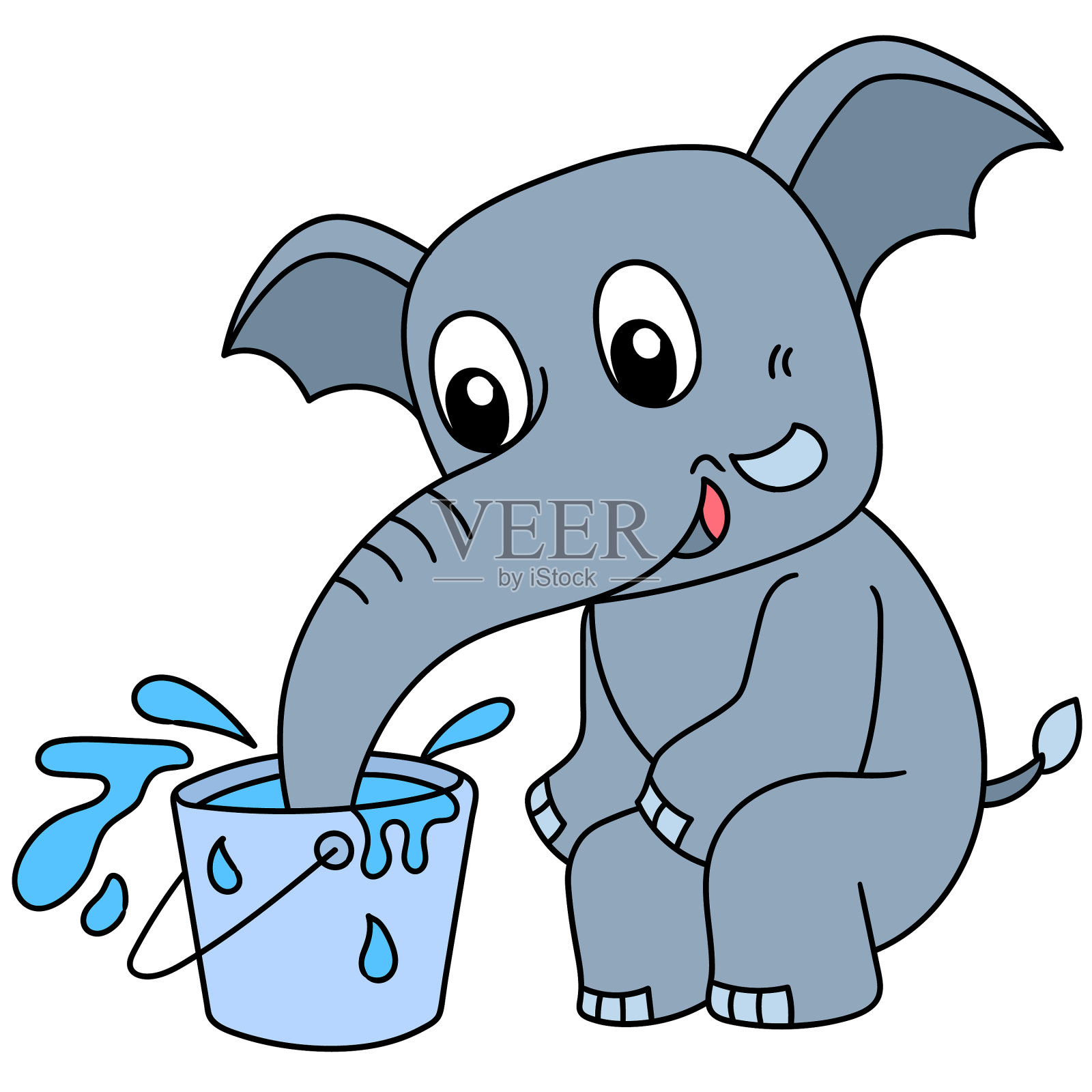 可爱的大象从桶里玩水插画图片素材