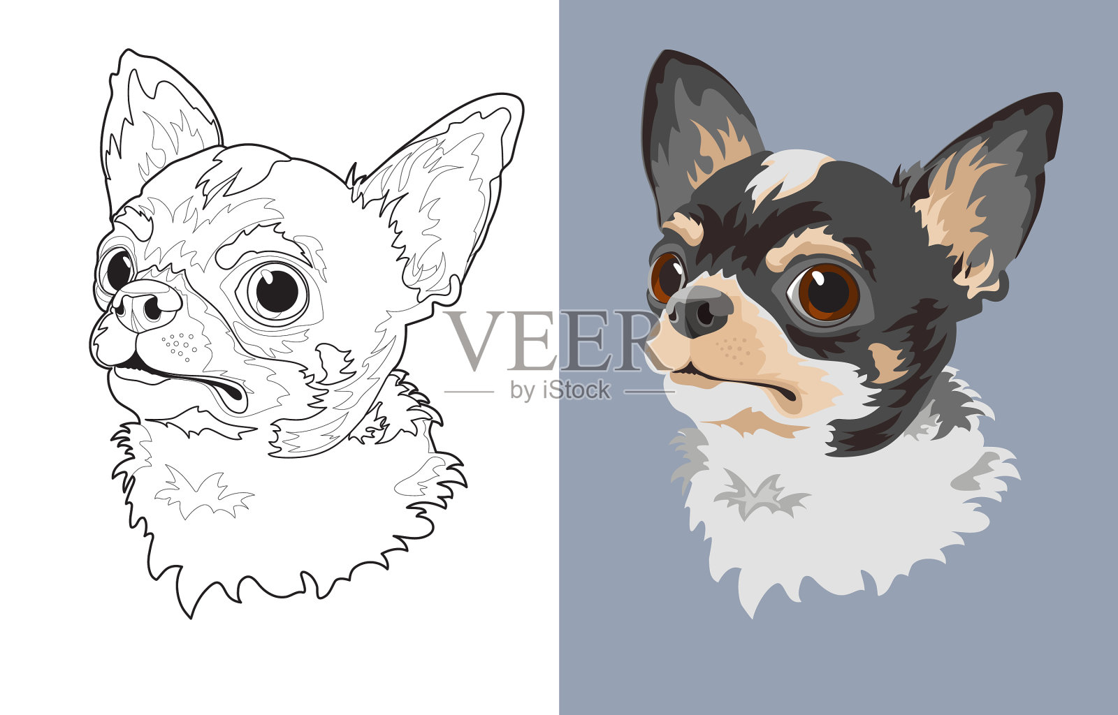 吉娃娃犬品种的宠物头部呈扁平线性插画图片素材