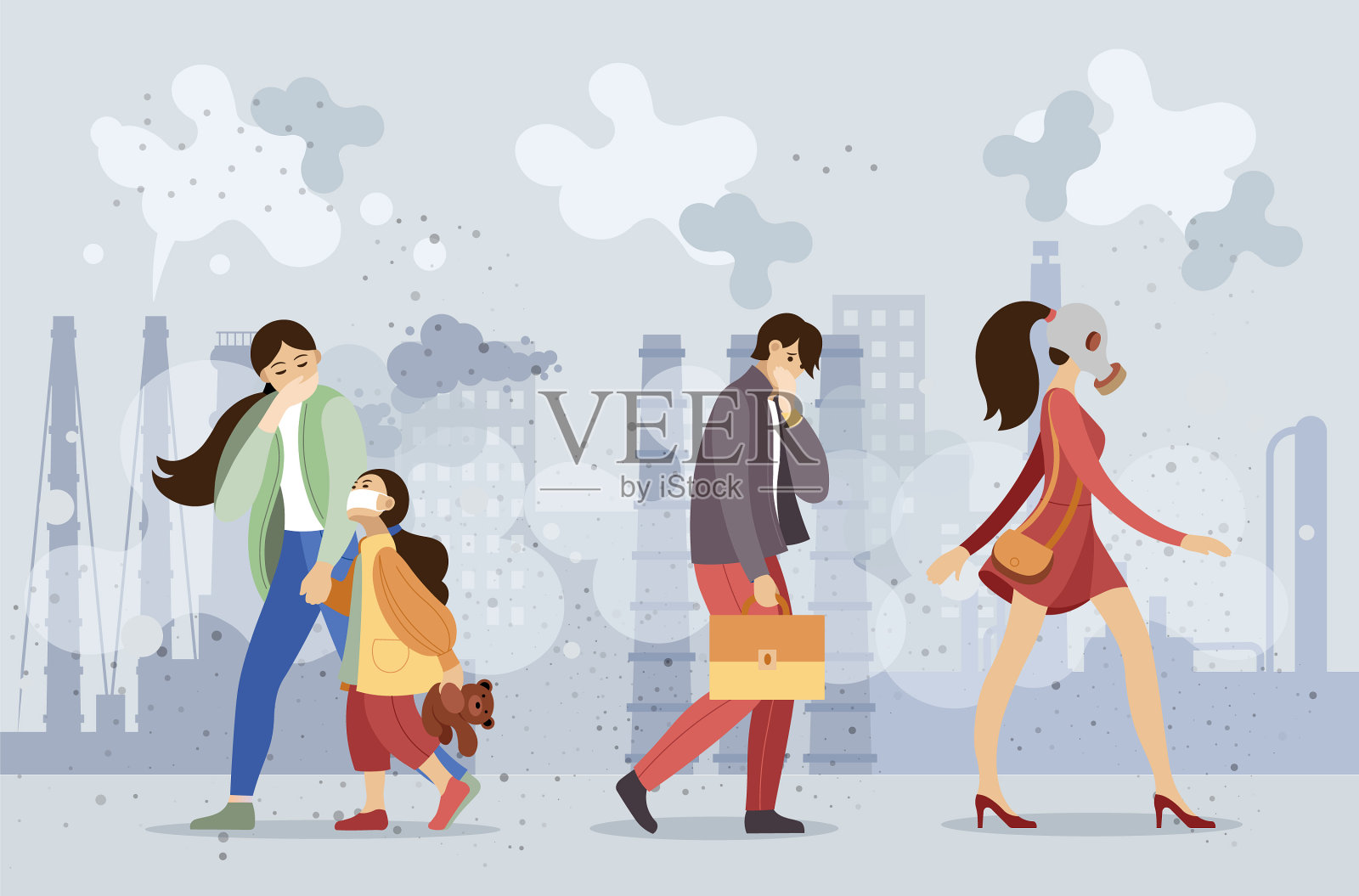 一群穿着防护服的人因灰尘而窒息插画图片素材