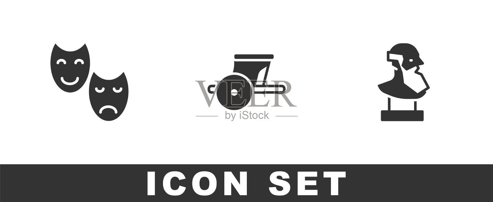 设置喜剧和悲剧面具古代战车和图标素材