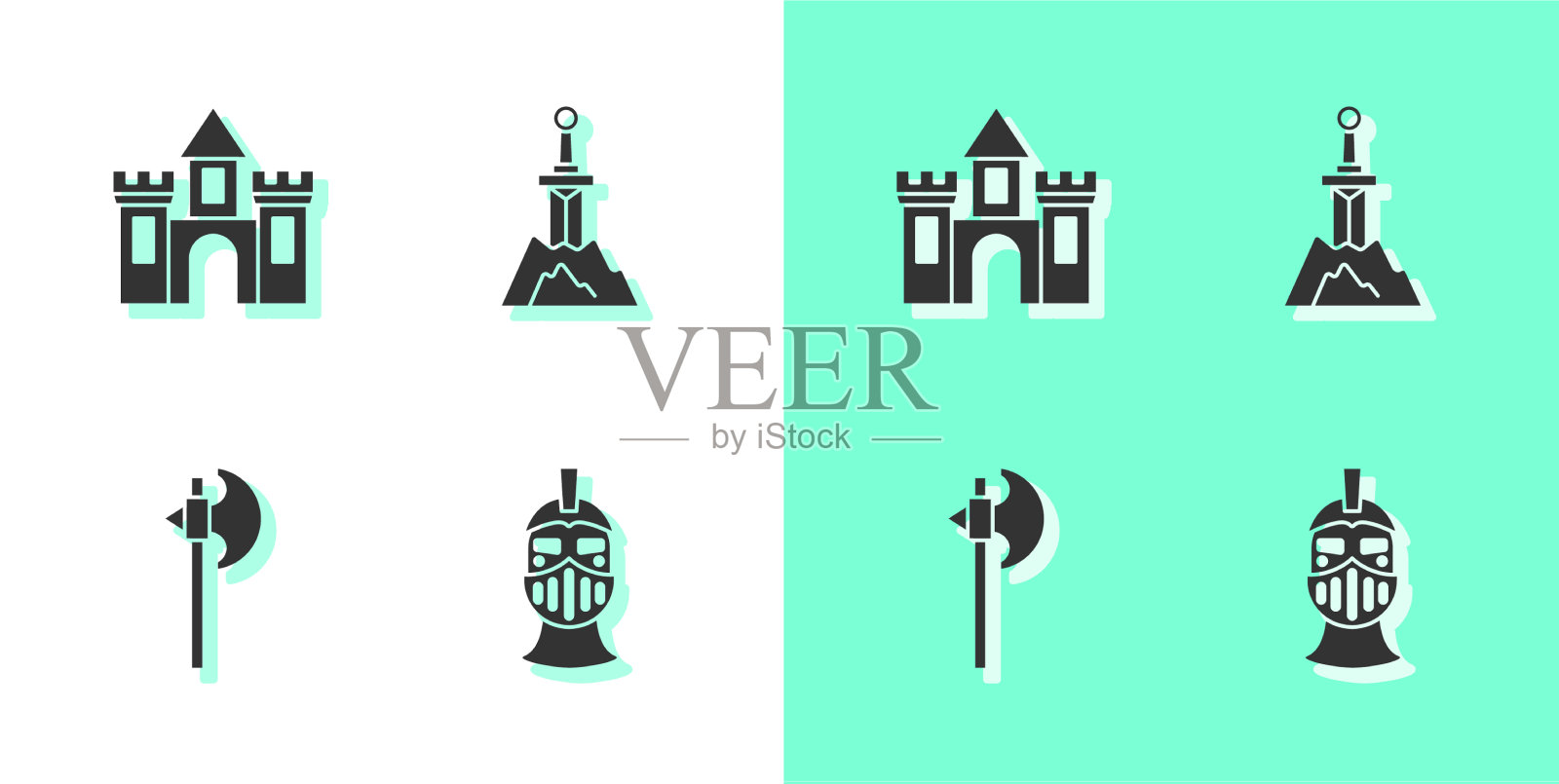 设置中世纪铁盔城堡堡垒斧头图标素材