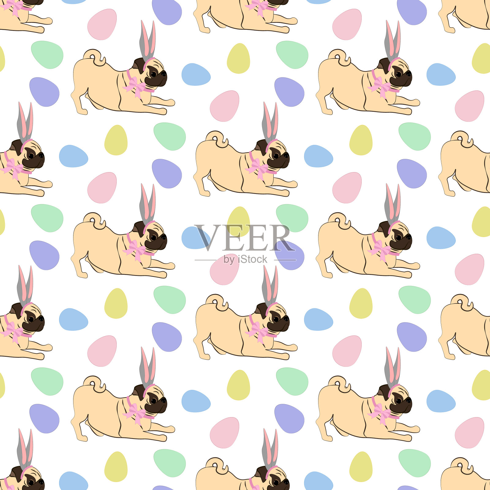 复活节哈巴狗戴兔子耳朵无缝图案插画图片素材