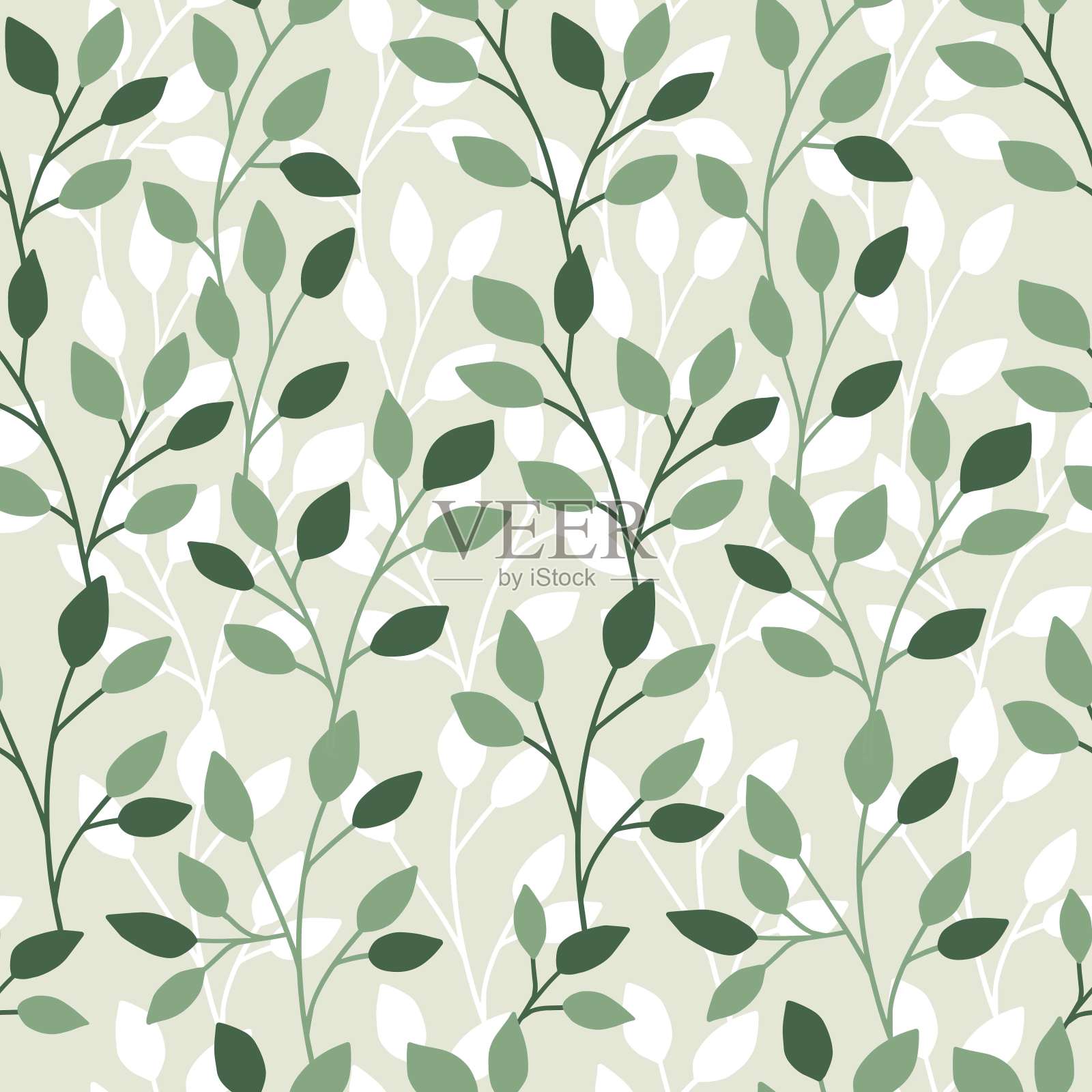 新鲜的绿色叶片向量图形轮廓无缝模式插画图片素材