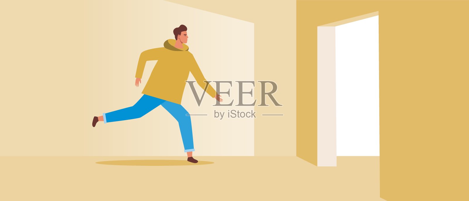 跑muzhzhin室内，平面矢量股票插图与疏散在门口作为一个紧急概念插画图片素材