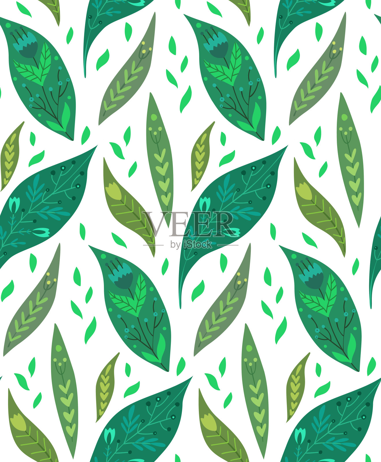 无缝图案与花瓣和民间装饰。纹理与绿色的叶子与部落装饰和剪影在白色的背景。简单的矢量墙纸与落叶。插画图片素材