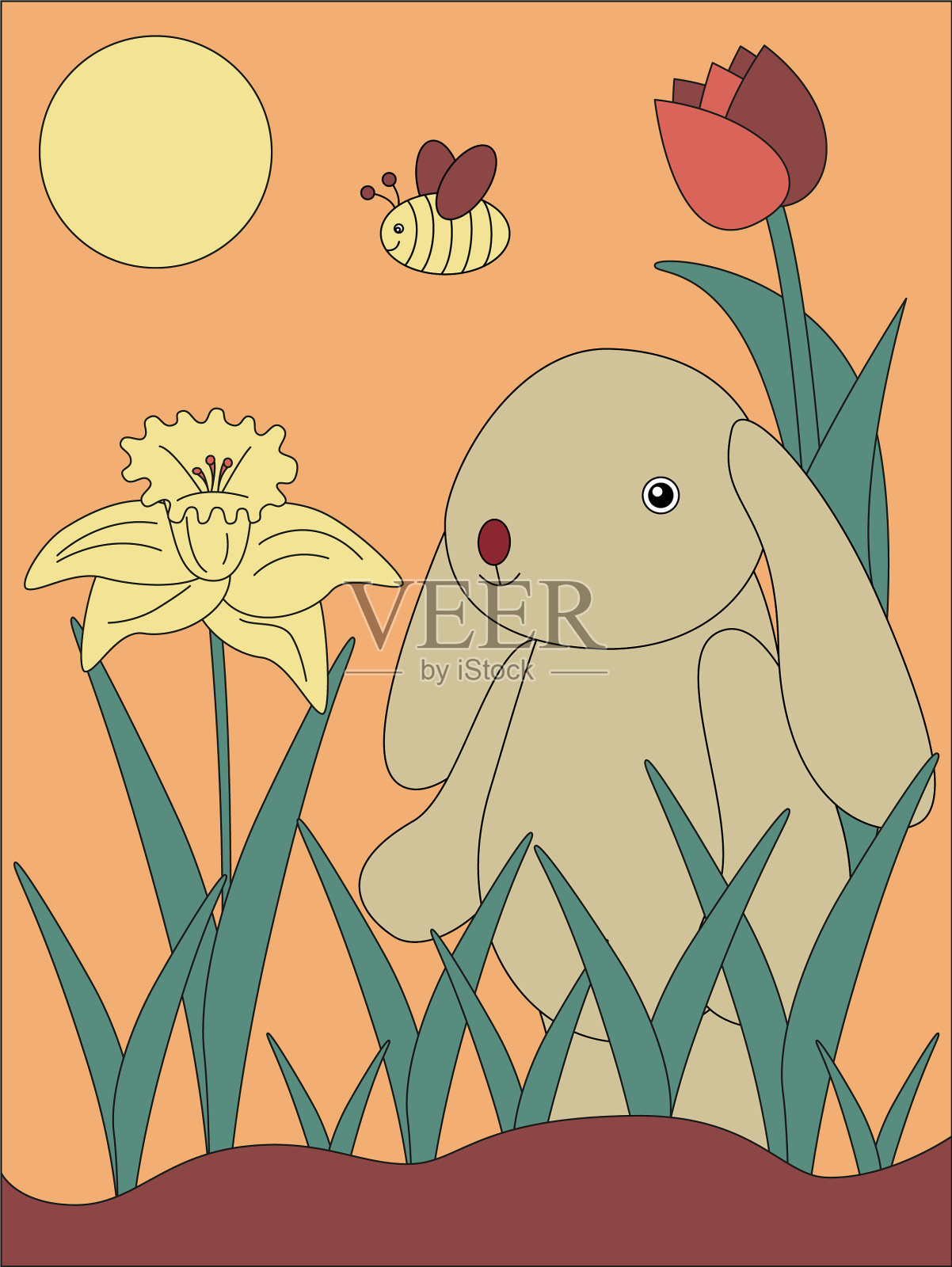 可爱的复活节兔子在花园里插画图片素材