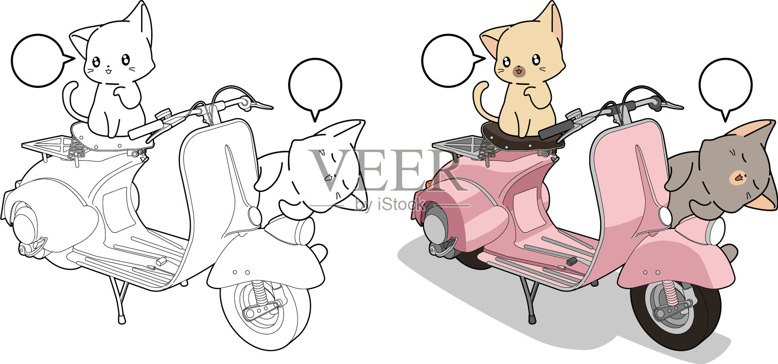 可爱的猫和摩托车卡通着色插画图片素材