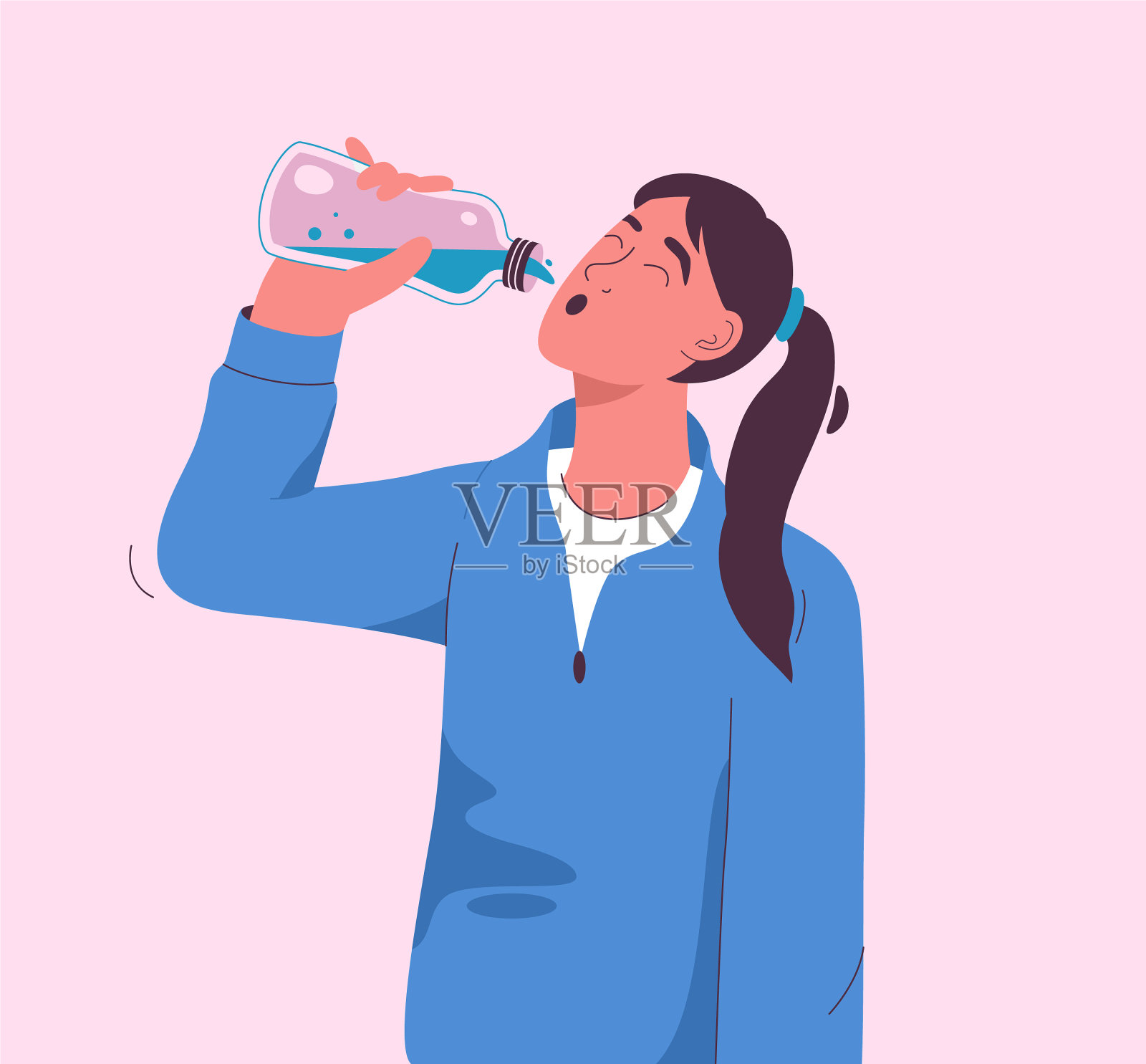 口渴的女人从瓶子里喝提神水插画图片素材