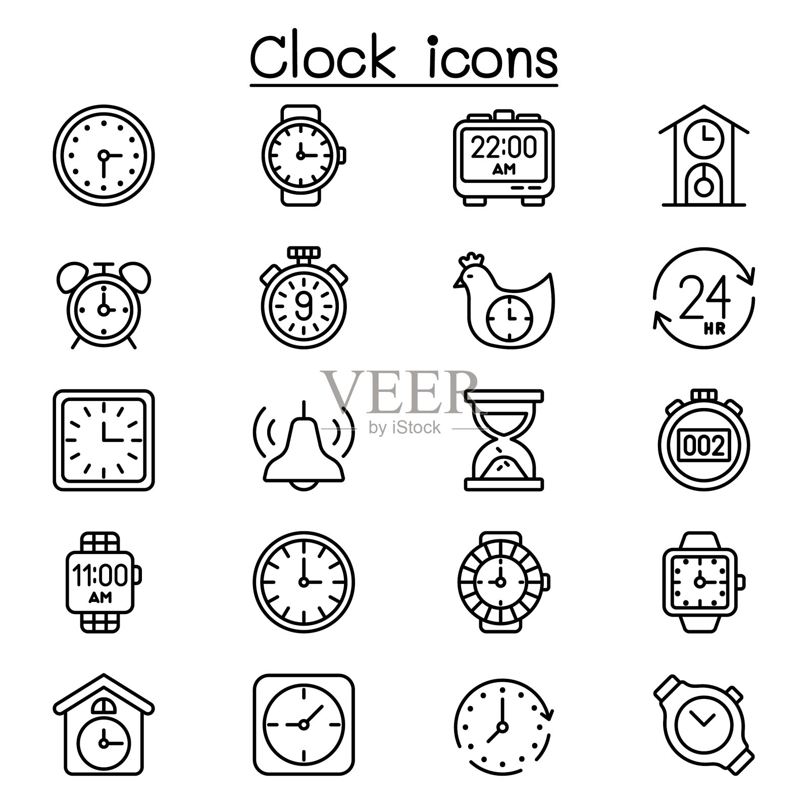 时钟图标设置在细线风格图标素材