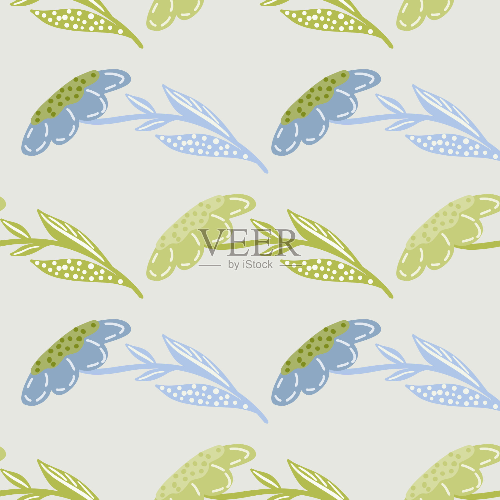 粉彩色调无缝图案与绿色和蓝色装饰抽象花卉形状。插画图片素材