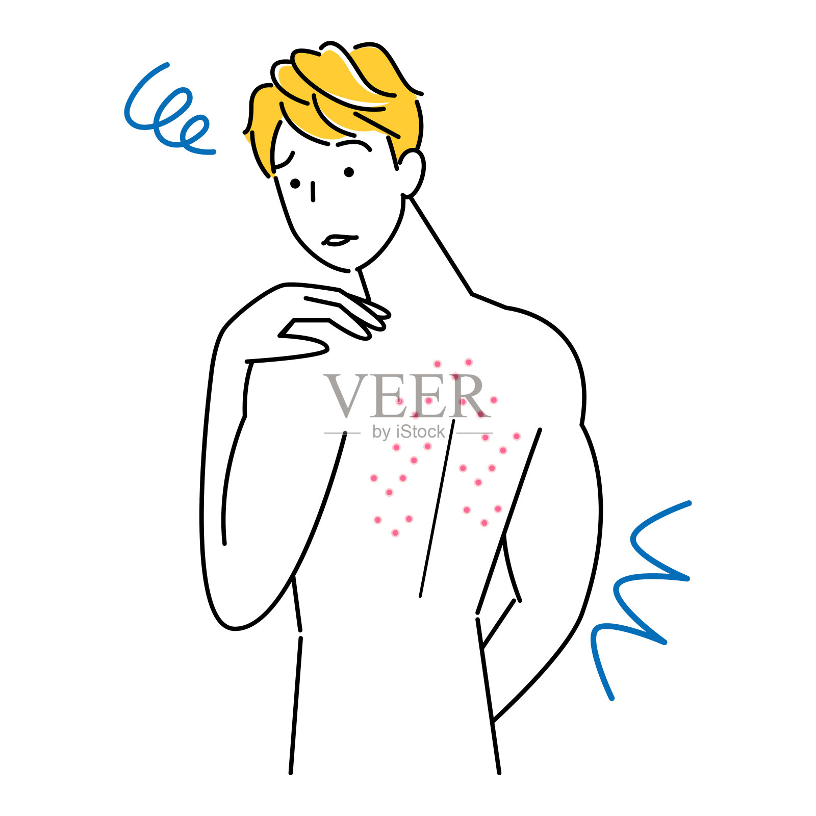 皮肤护理：为背部长痘而烦恼的可爱男人插画图片素材