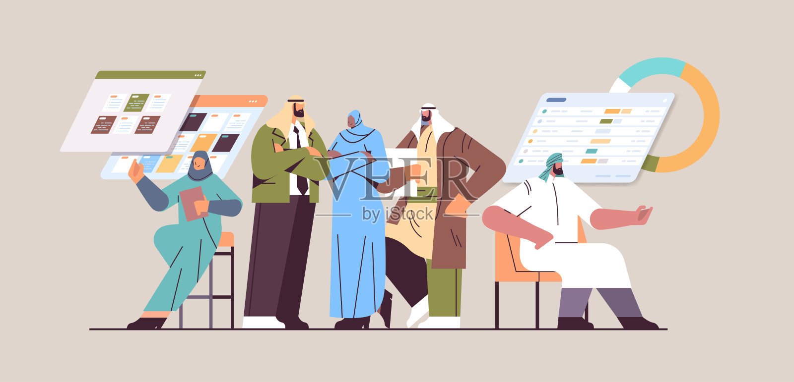 阿拉伯商人团队在公司会议上讨论，头脑风暴，商业发展团队合作插画图片素材