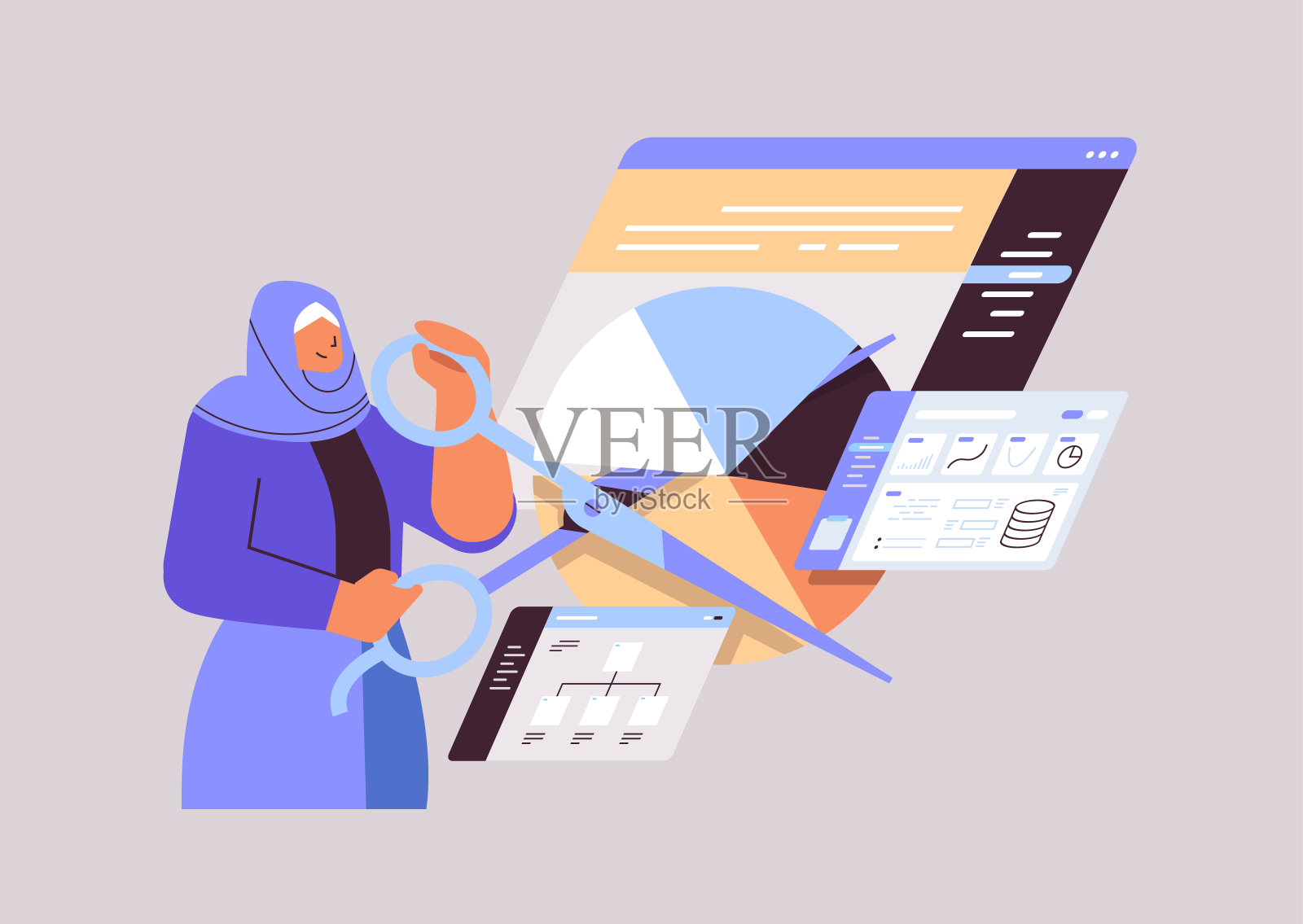 阿拉伯女商人用剪刀创造视觉图形，商业图表，金融统计数据分析的概念插画图片素材