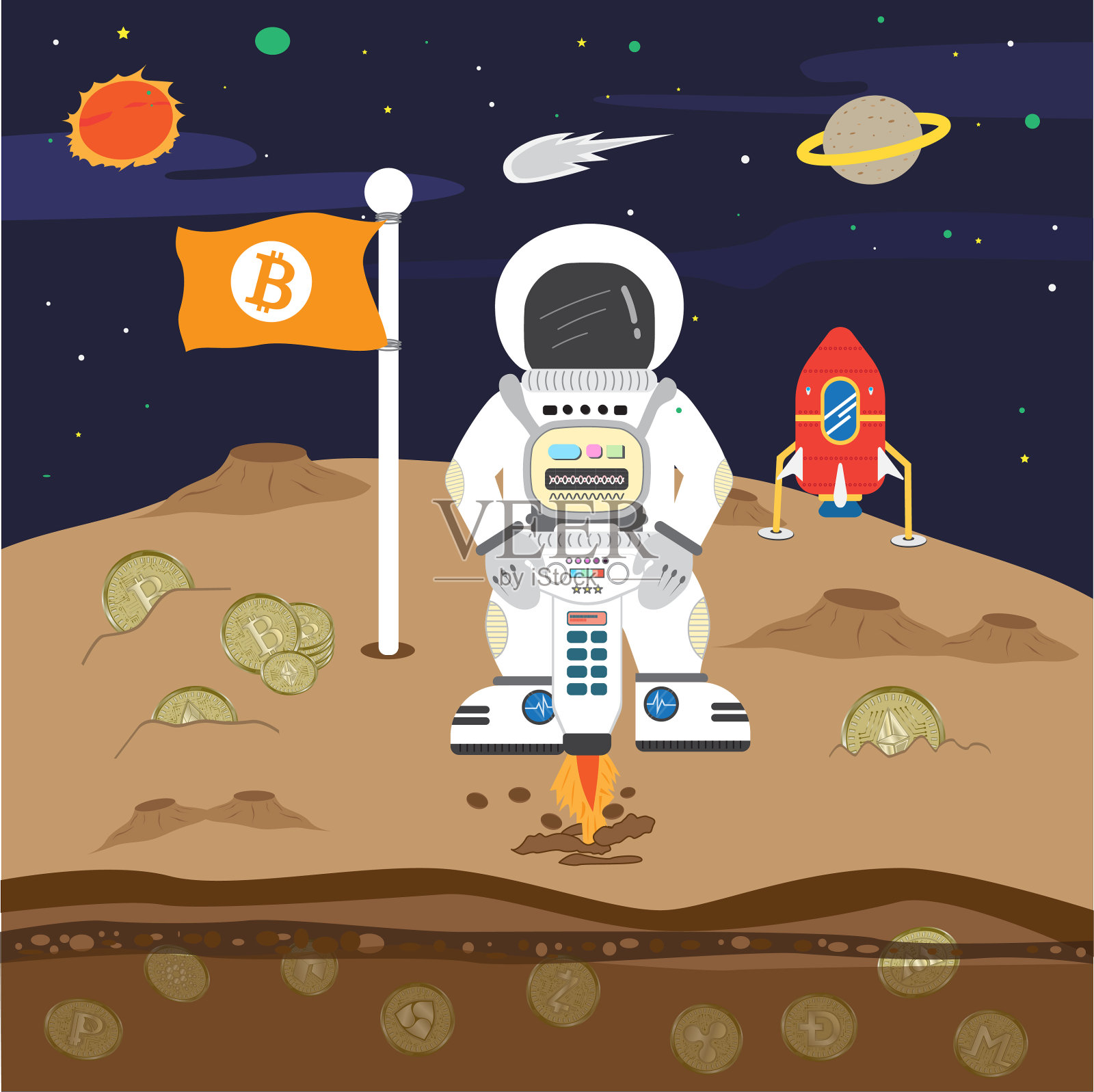 未来比特币卡通扁平商业概念。宇航员正在行星和太空背景下挖掘比特币。寻找外部世界的资源。投资数字货币。向量,插图。插画图片素材