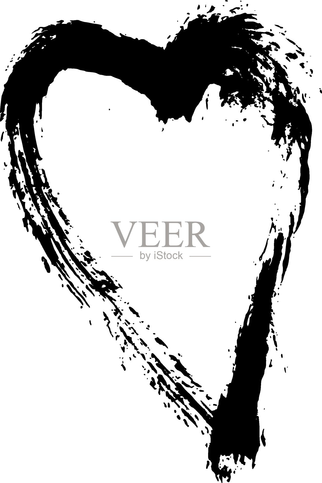 手绘的心。黑色的心状笔刷，一滴一滴的颜料、墨汁、飞溅、脏污。抽象的孤立的向量插画图片素材