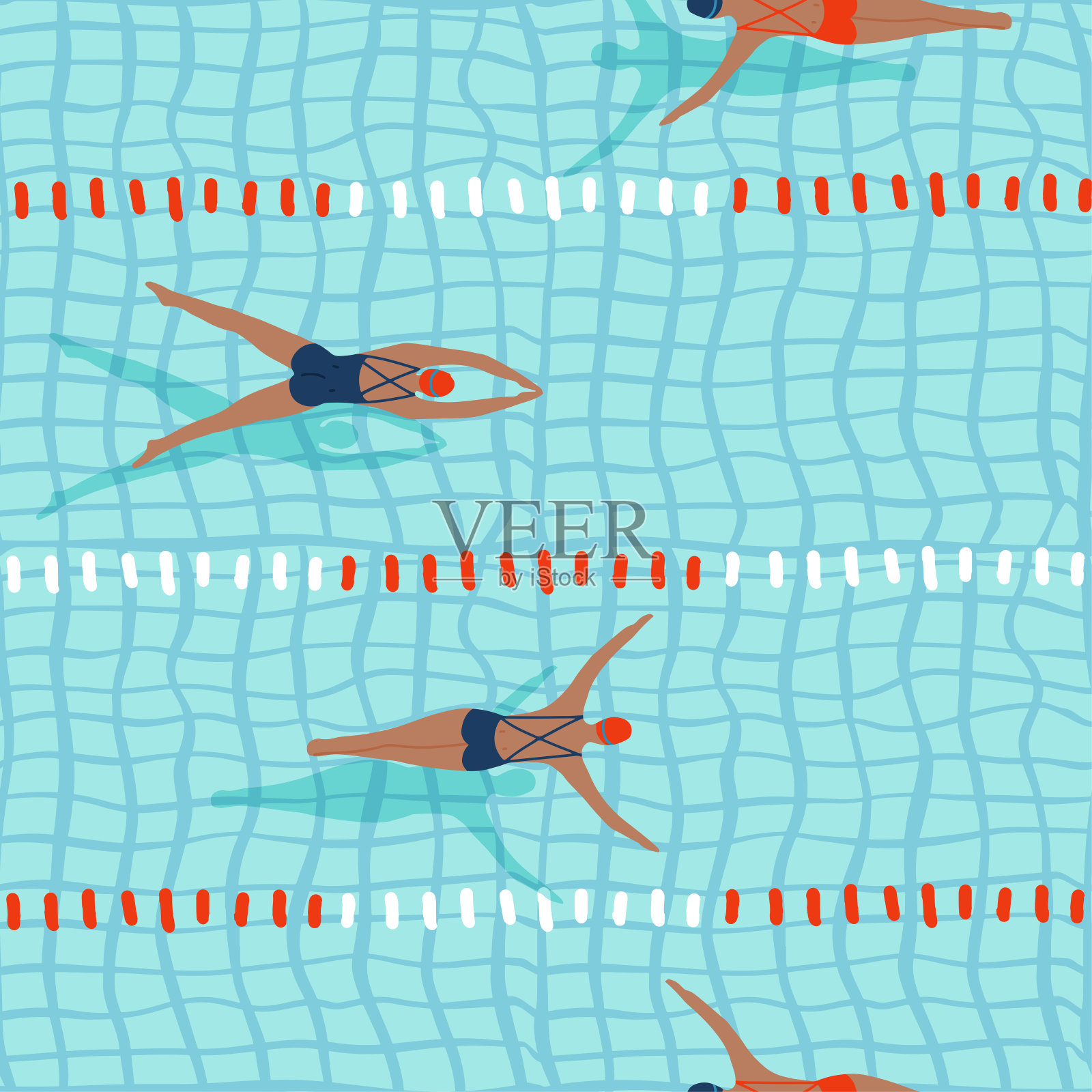 职业女运动员，女运动员在泳池中无缝游泳。俯视图池轨道。女性的竞争。平面向量插图。插画图片素材