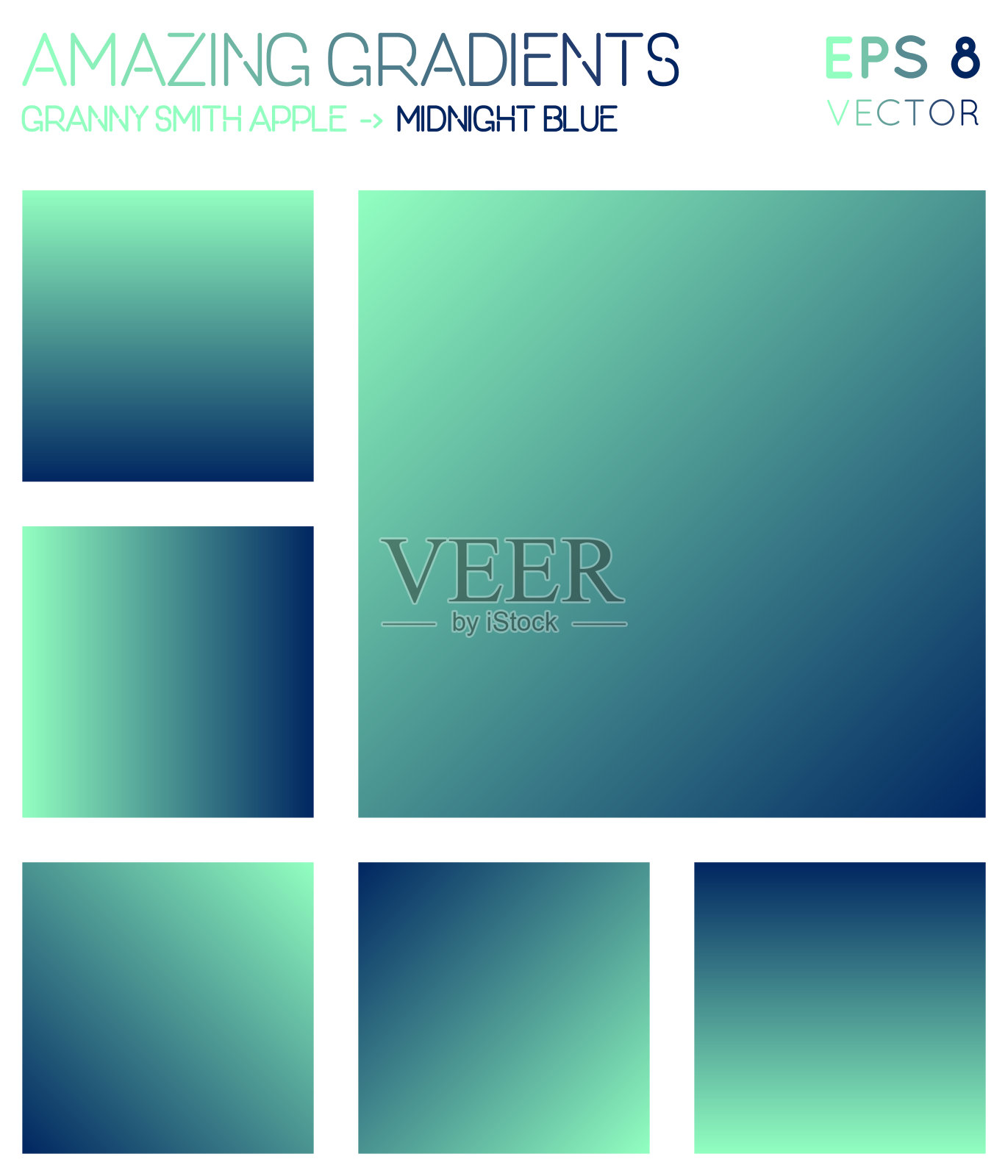 在青苹果，午夜蓝色色调的色彩梯度。插画图片素材