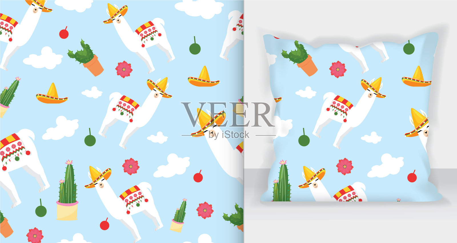 羊驼图案枕套无缝图案用插画图片素材