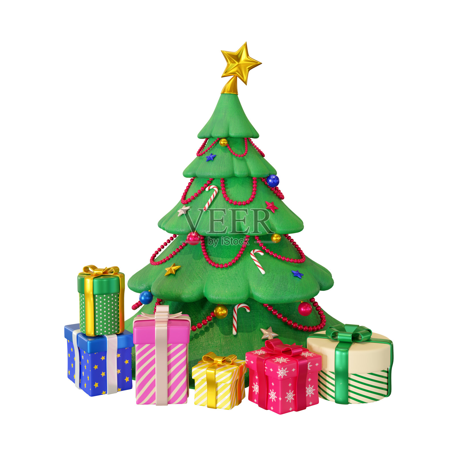 用礼盒装饰的圣诞树，孤立在白色的背景上。三维渲染照片摄影图片