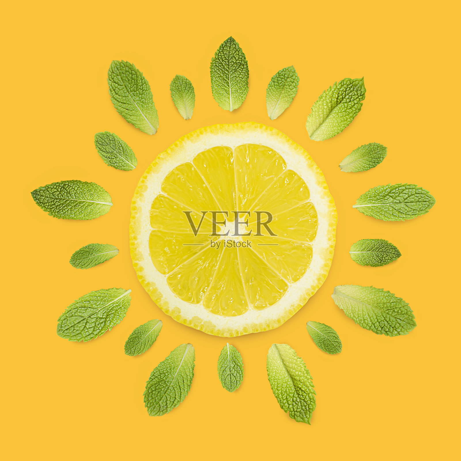 一片柠檬和薄荷叶做成太阳的形状照片摄影图片