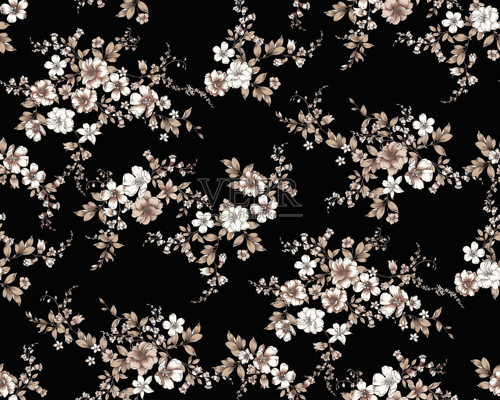 无缝图案菊花，玫瑰，牡丹和盛开的花朵与水彩在柔和的颜色。面料豪华，壁纸设计，复古风格。手绘花卉图案。植物花园。照片摄影图片