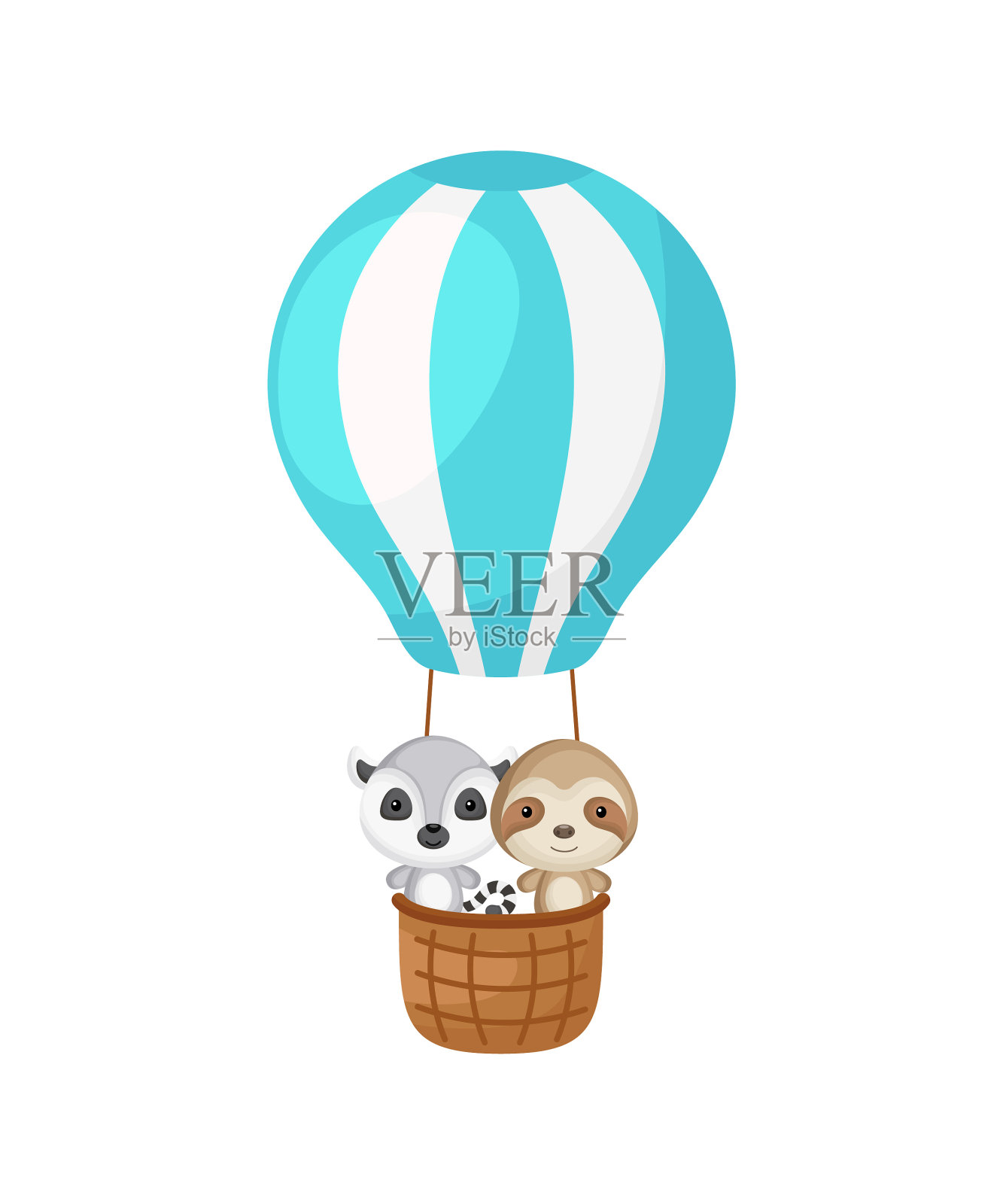 可爱的小树懒狐猴飞在蓝色的热空气上插画图片素材