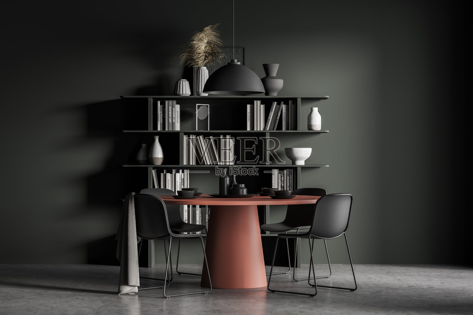 黑暗的餐厅内部与极简主义家具和书架照片摄影图片