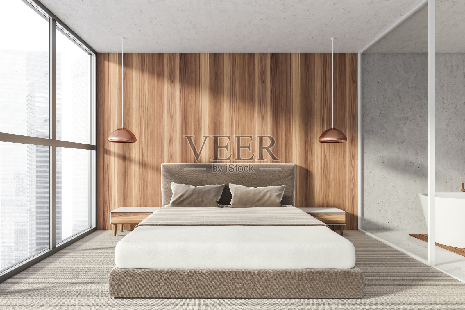 现代浴室卧室内部在新的豪华家庭。时尚酒店房间。开放空间区域。木墙、地毯、地板。白色的浴缸。照片摄影图片