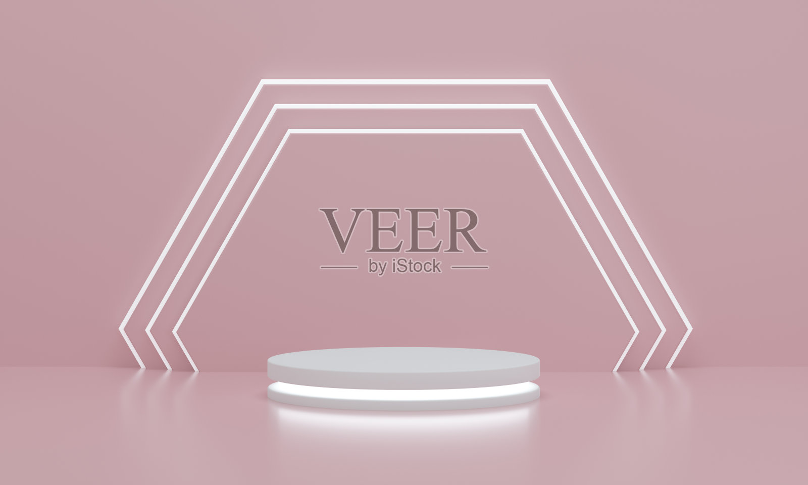 圆柱裙台与反射灯产品展示与六角形墙粉红色背景。空的基座或平台照片摄影图片