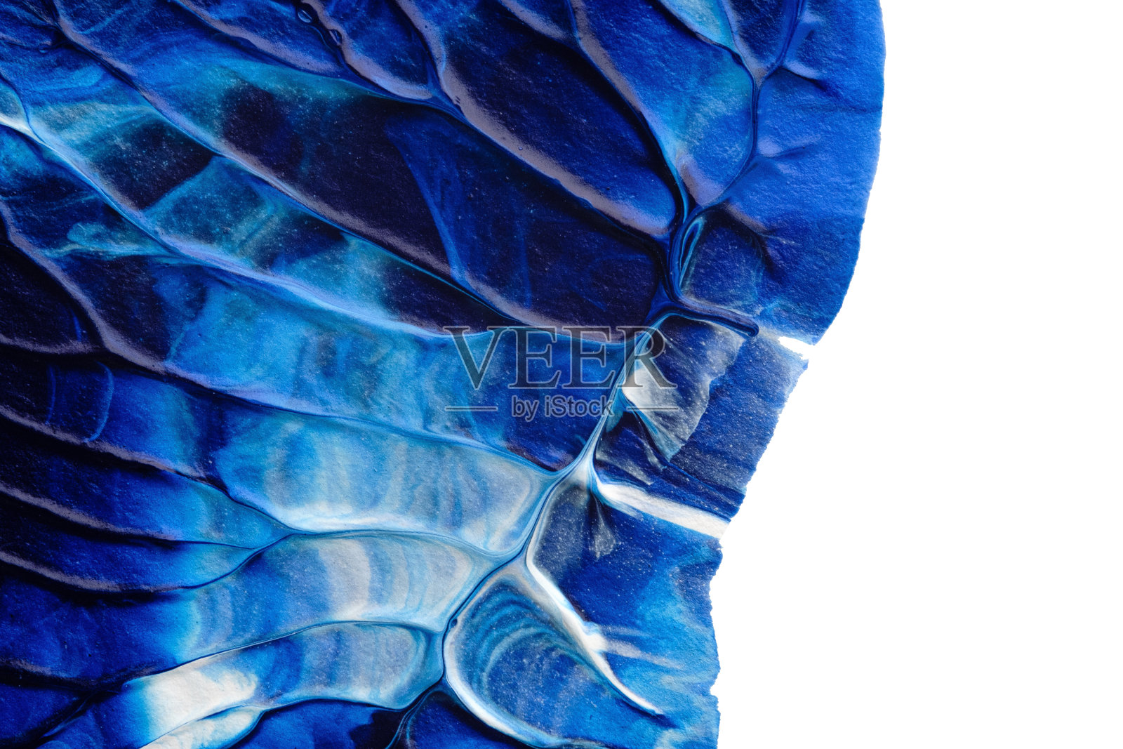 采用罗夏墨迹法在白纸背景上绘制蓝色抽象丙烯画色彩纹理照片摄影图片