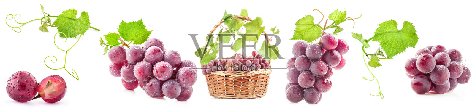 柳条篮子里的葡萄叶子，孤立在白色的背景上照片摄影图片