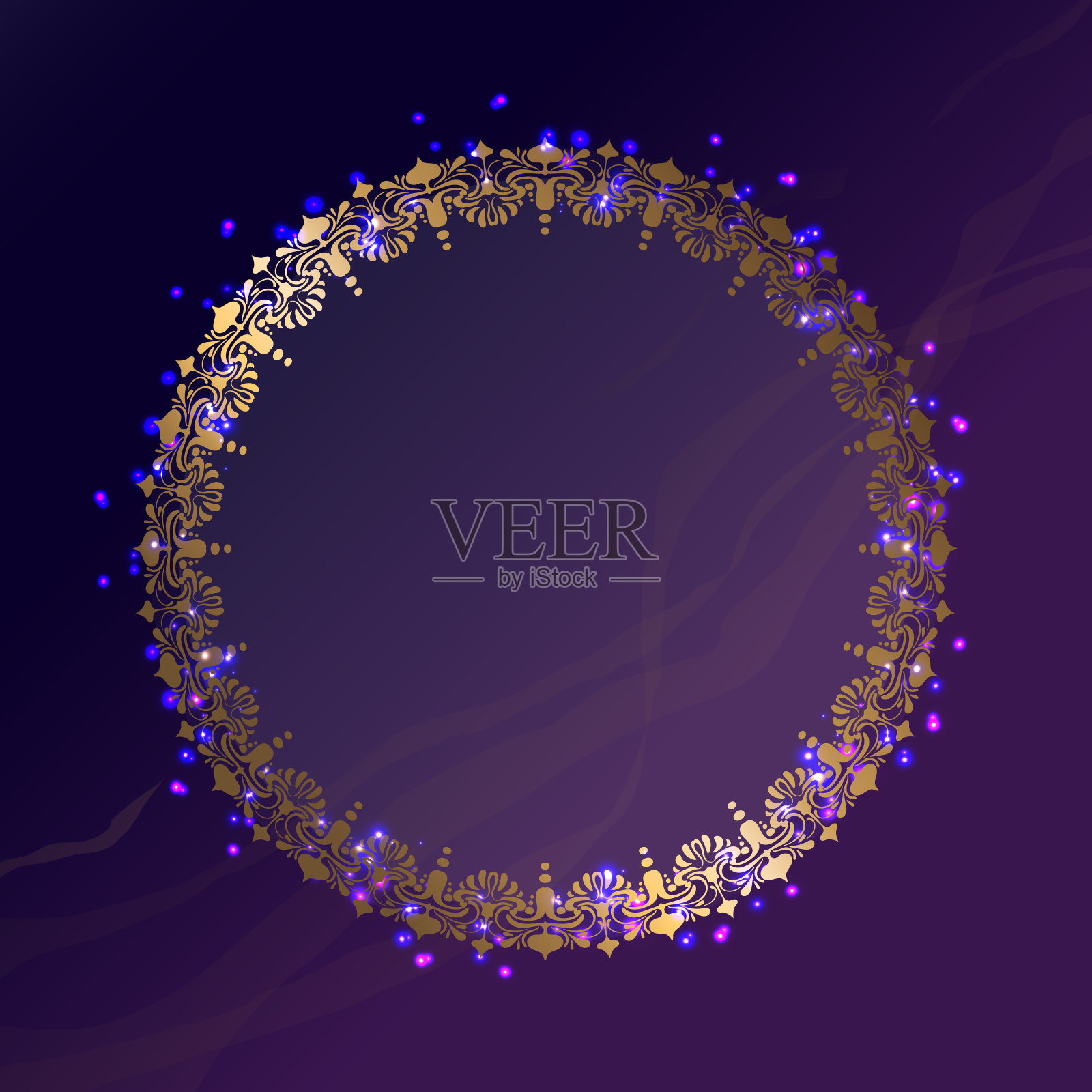 一轮黄金框架。深色背景上的金色图案。闪烁的火花和点点。放置你的文本。矢量插图。插画图片素材