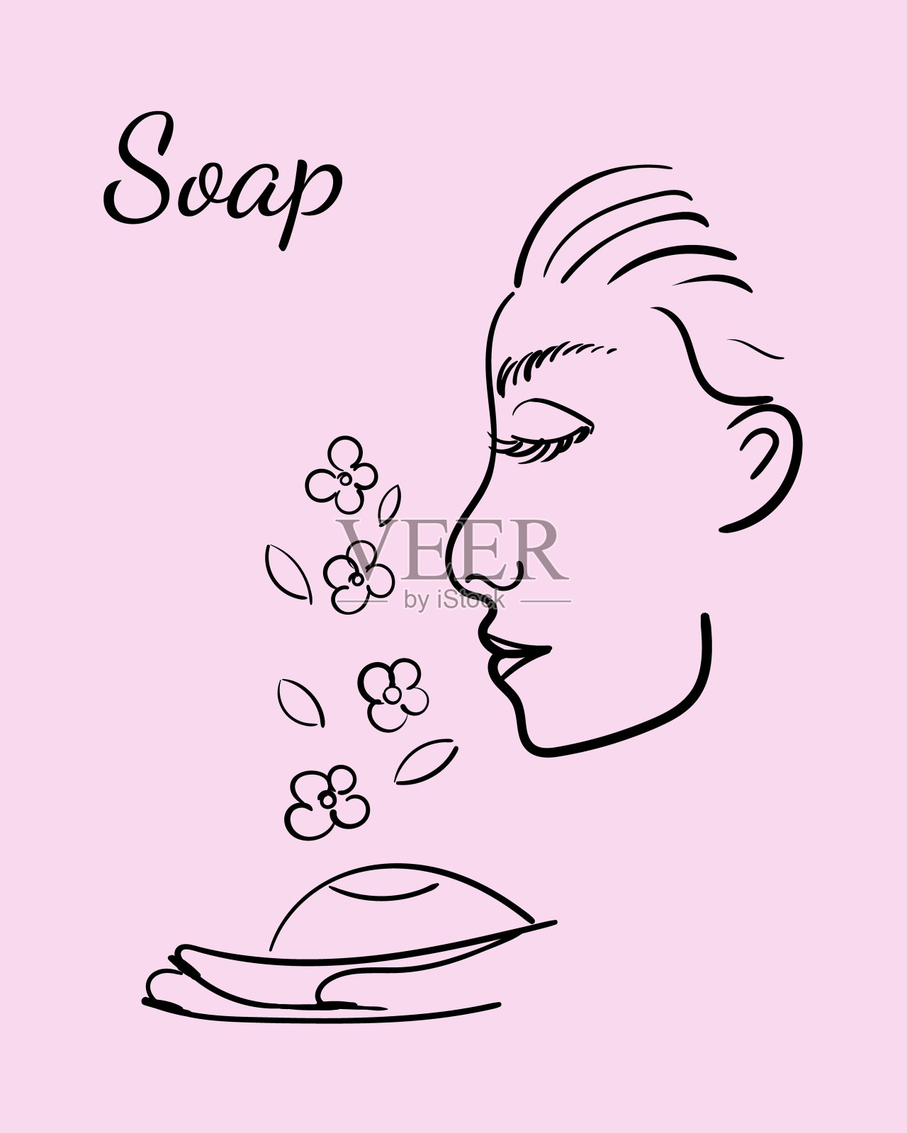 一个女孩的脸在粉红色的背景上嗅着肥皂，花香插画图片素材