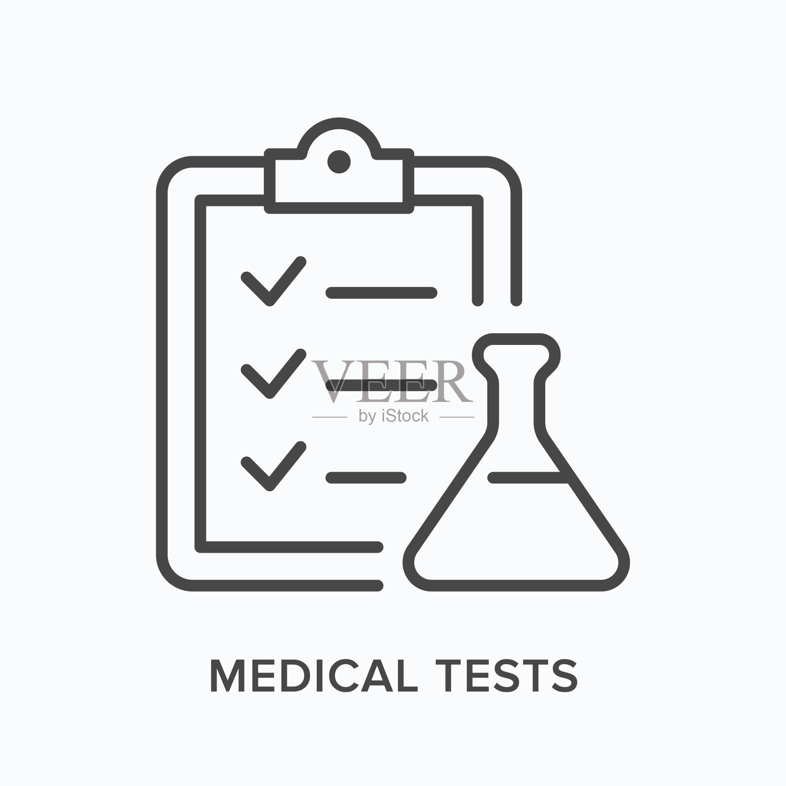 医学测试平线图标。剪贴板和烧瓶的矢量轮廓插图。临床报告用黑色细线形象形图插画图片素材
