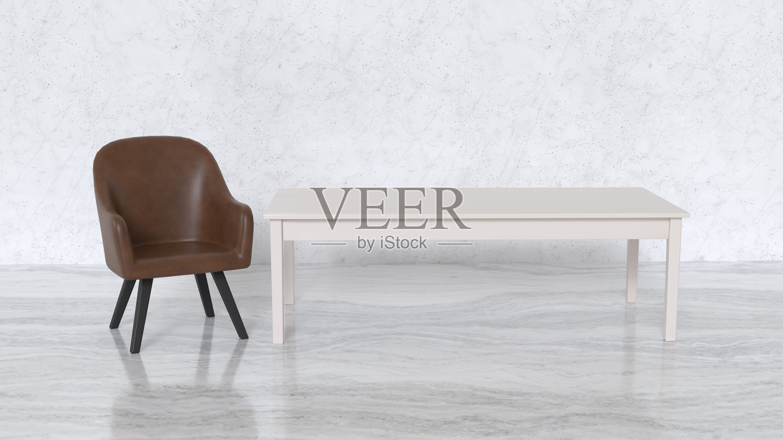 有几把椅子和一张铺着大理石地板的长桌。3 d场景。照片摄影图片