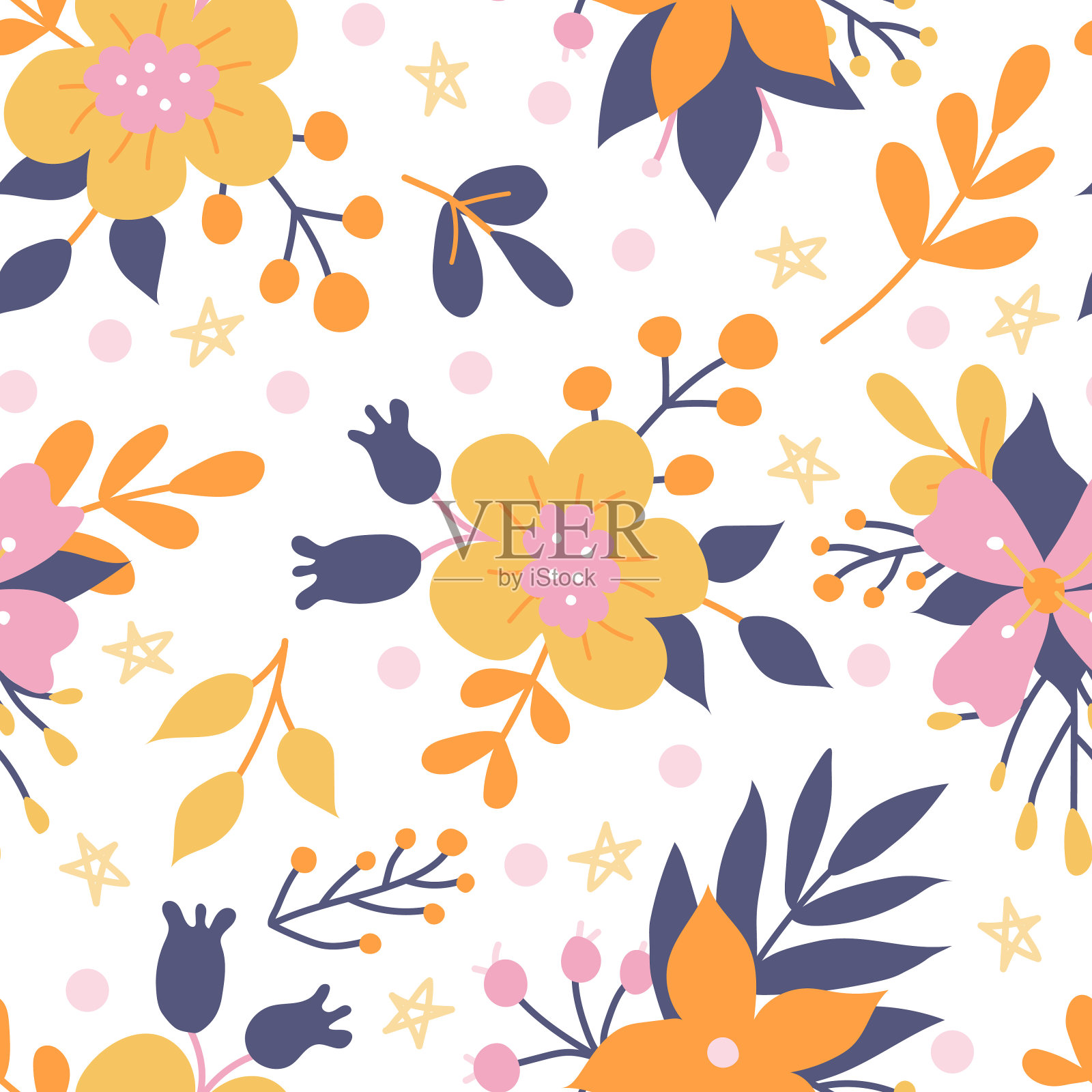 可爱的彩色植物和花。矢量花无缝图案在白色背景在平面涂鸦风格。墙纸、包装纸设计及织物印刷插画图片素材