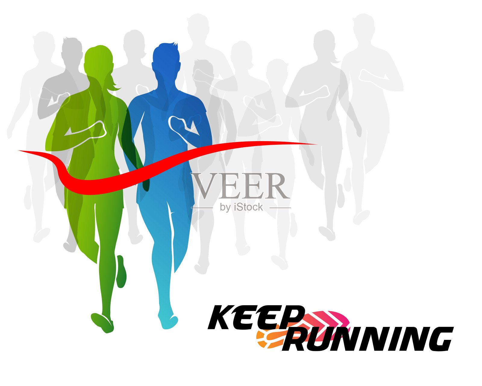 跑步的人的彩色剪影。马拉松的概念矢量图。运动背景，男性和女性积极的生活方式。插画图片素材