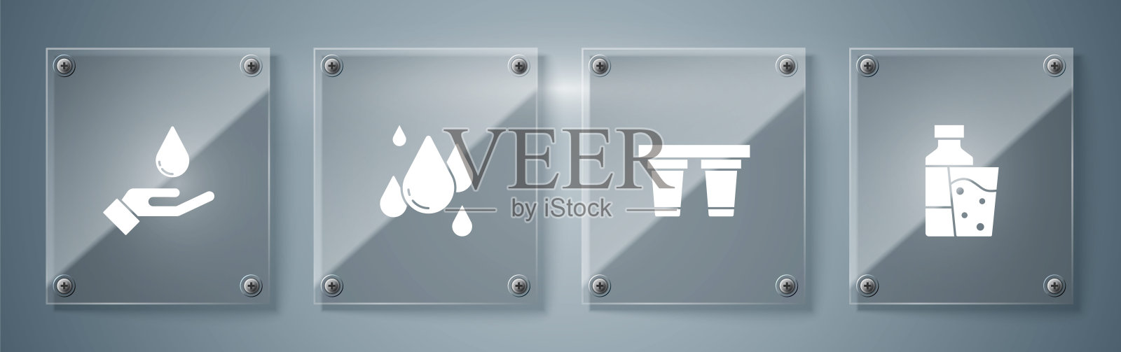 设置瓶装水与玻璃，水过滤器，滴和洗手肥皂。方形玻璃面板。向量插画图片素材