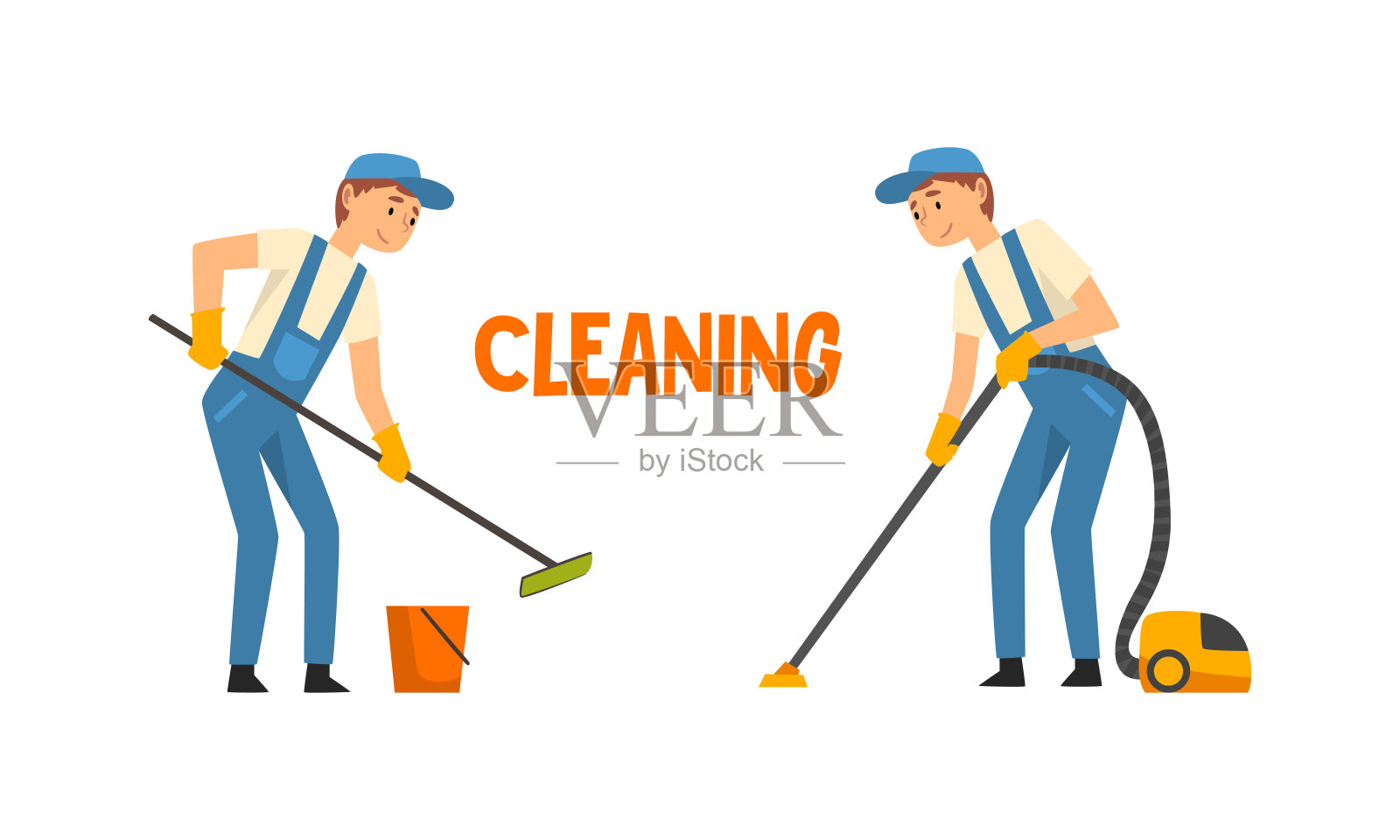 清洁服务与男子在蓝色整体和橡胶手套工作拖地和吸尘地板向量集插画图片素材